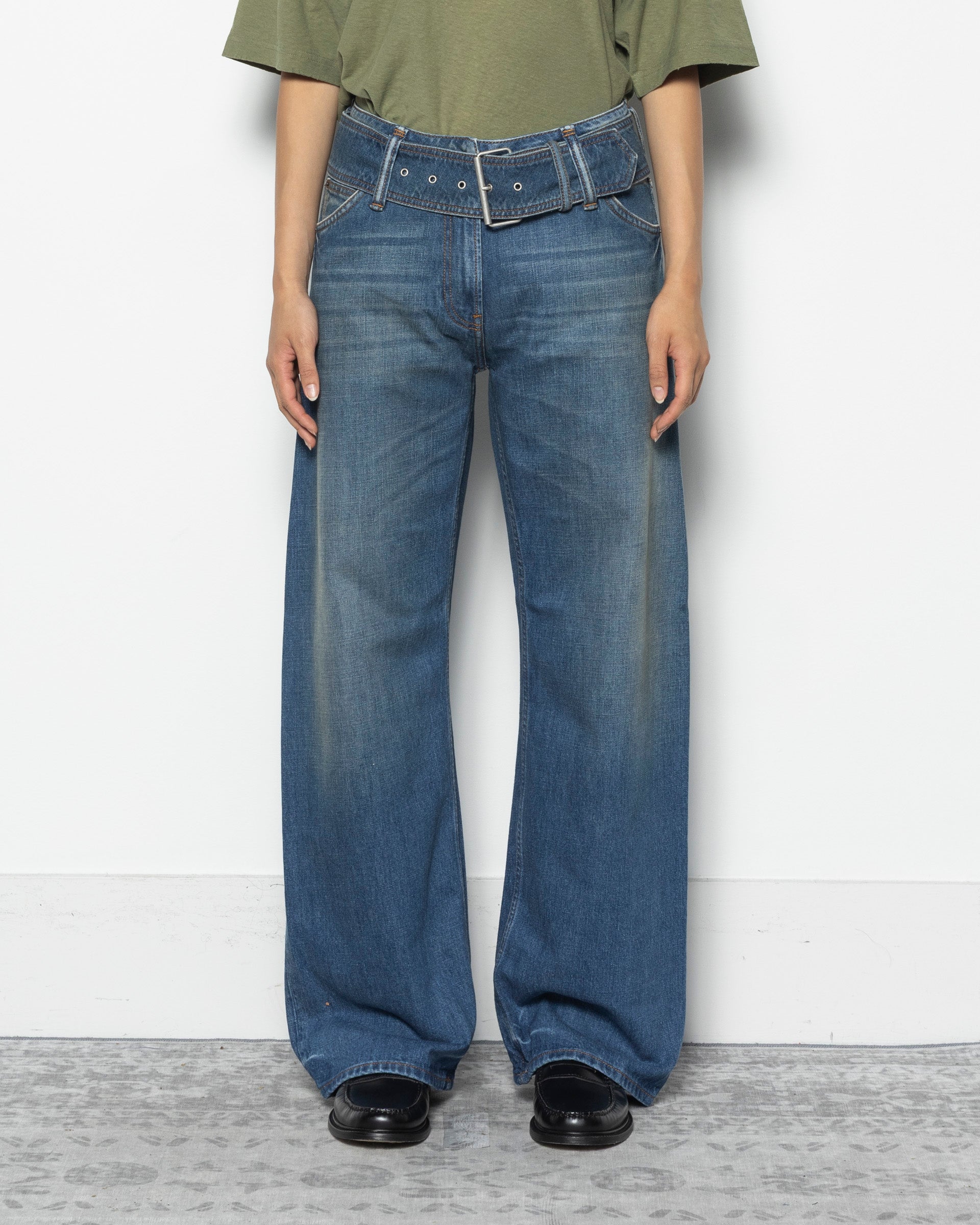 Belted Denim Trousers in Mid Blue