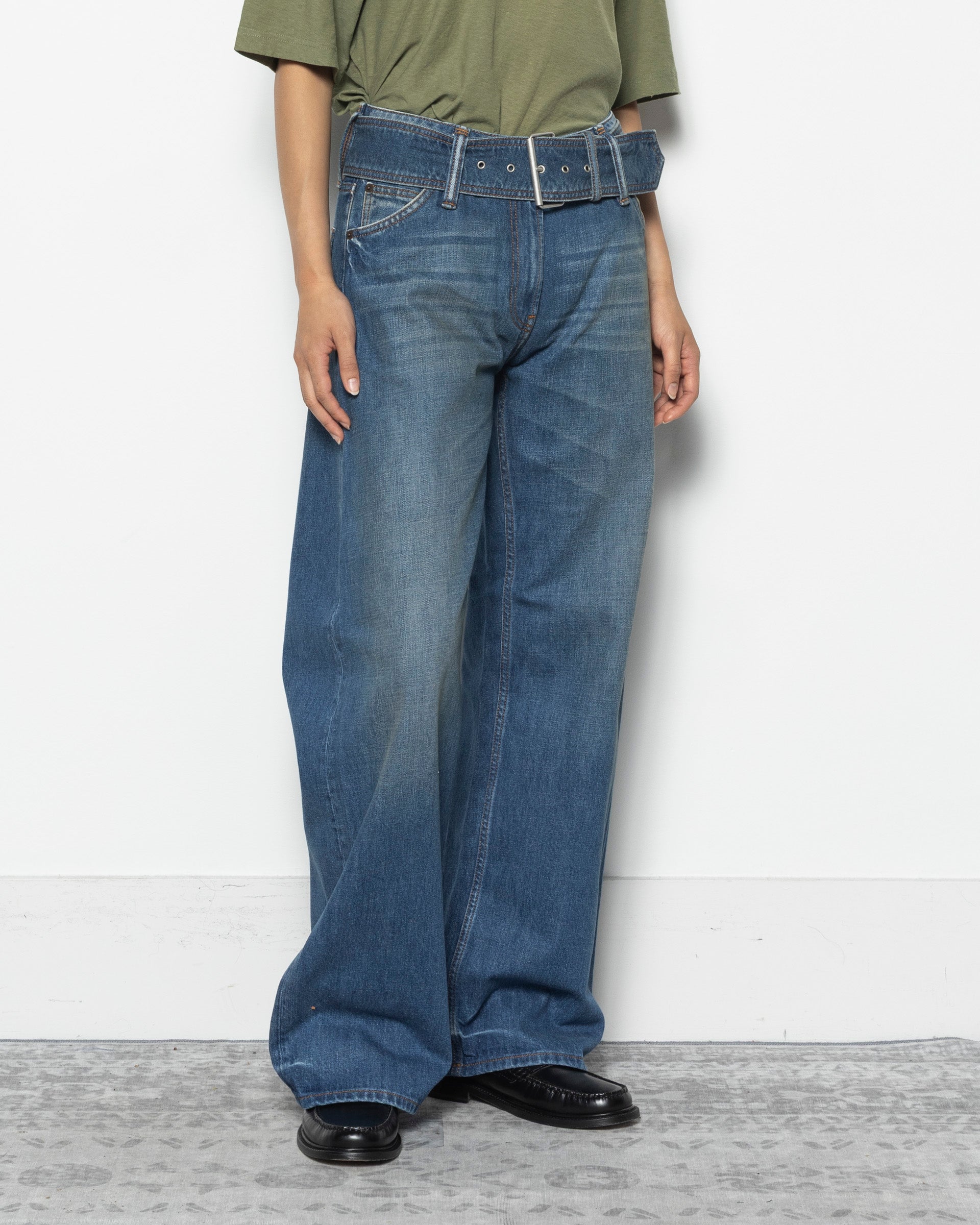 Belted Denim Trousers in Mid Blue