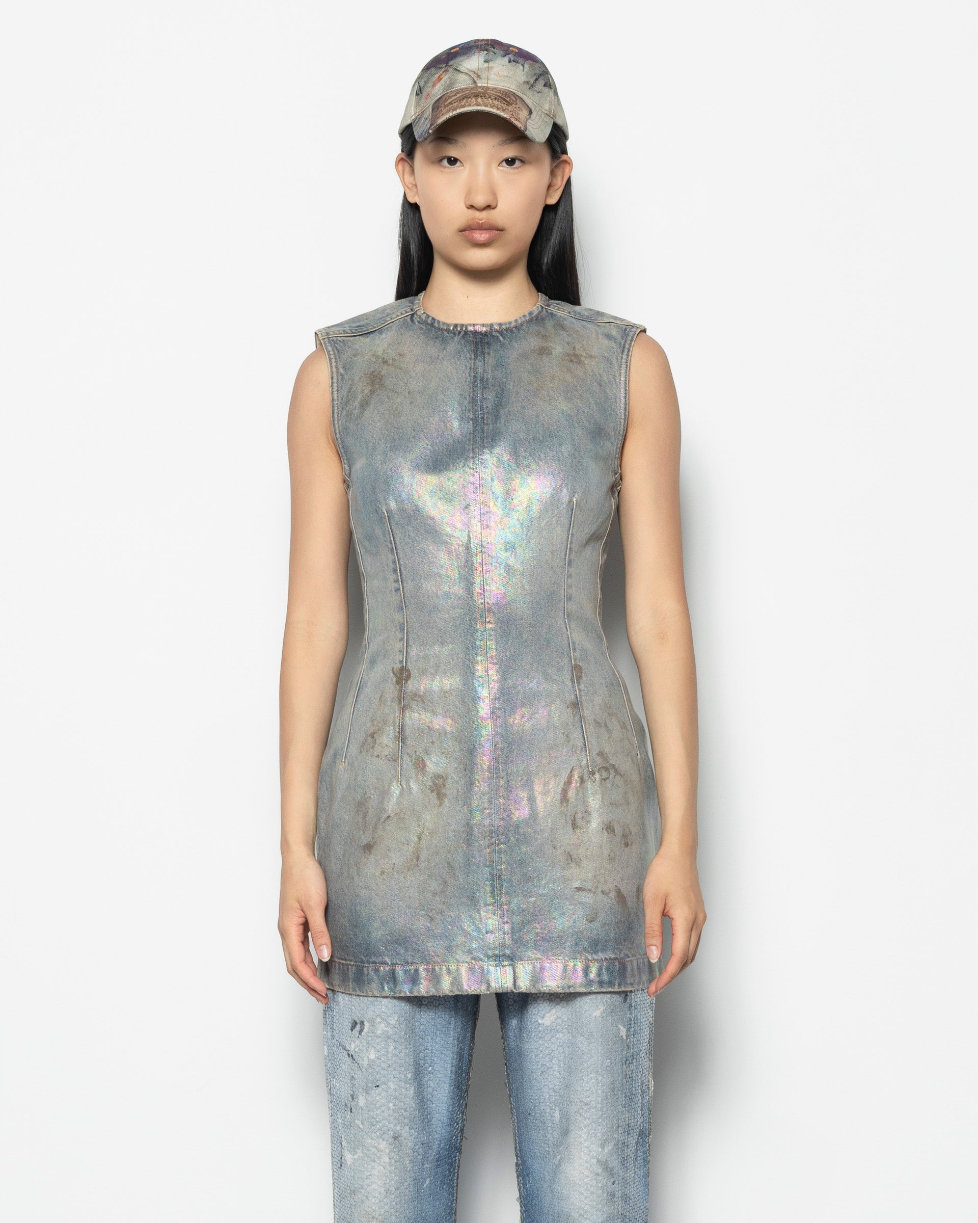 Coated Denim Dress in Mid Blue