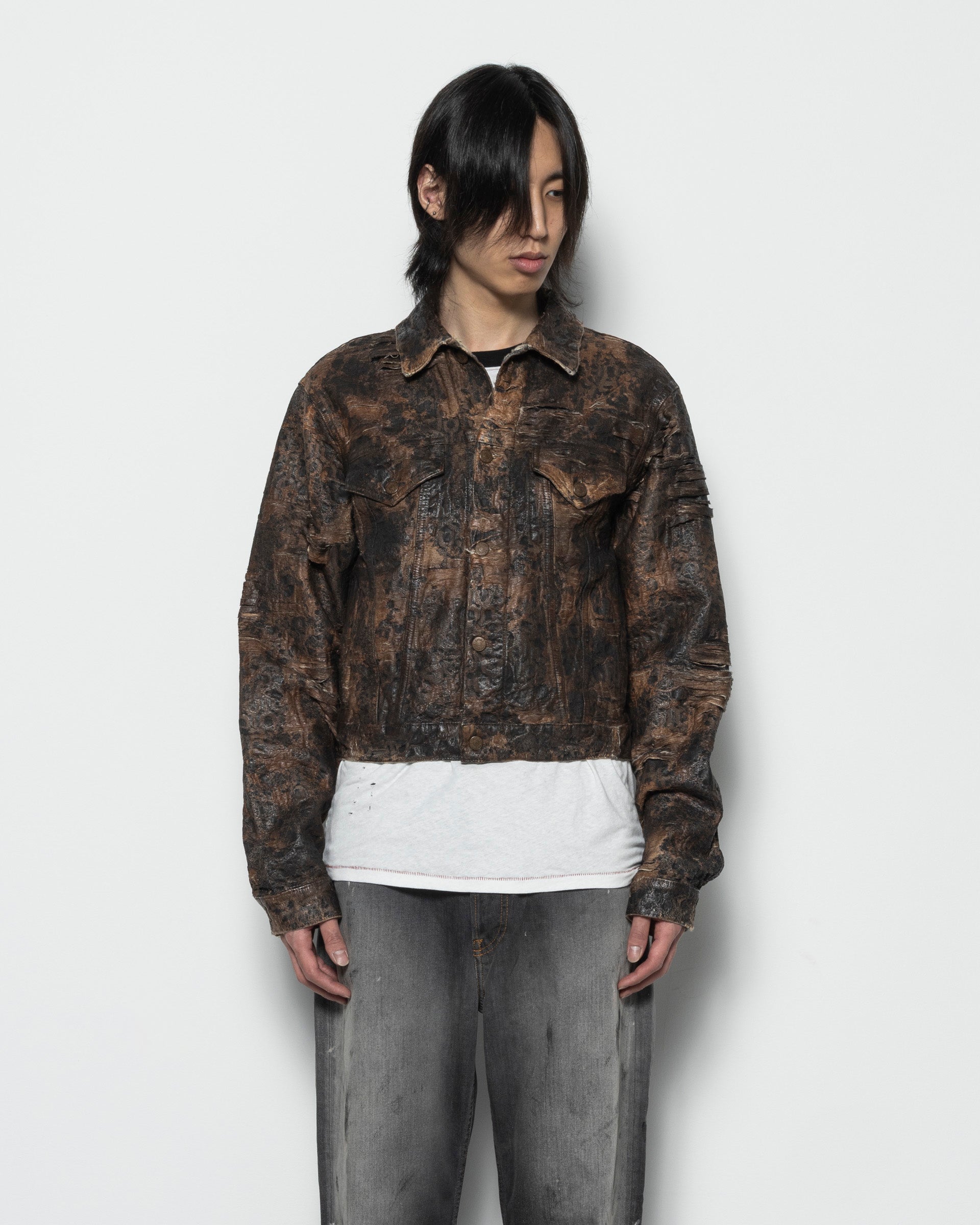 Distressed Monogram Denim Jacket in Brown