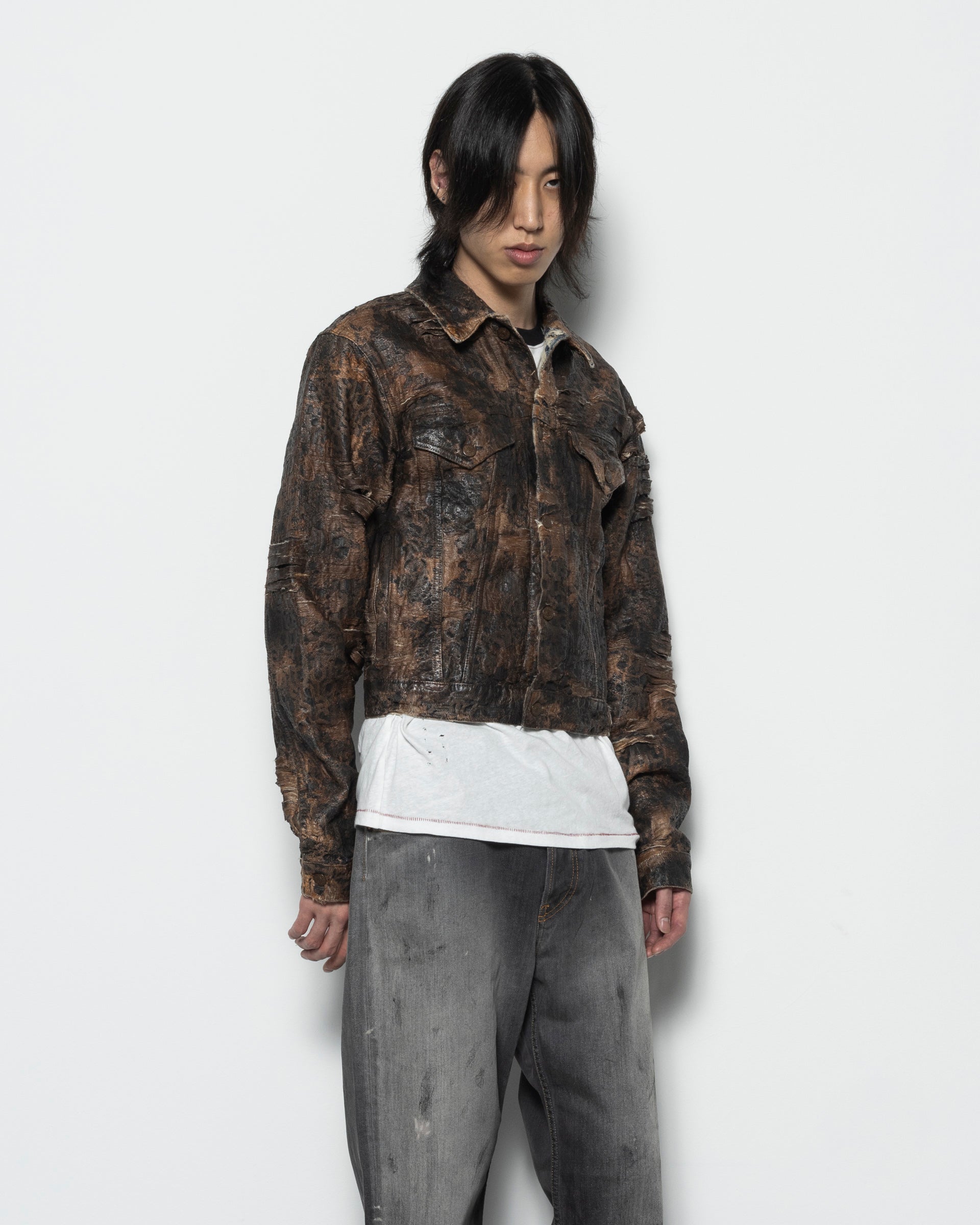 Distressed Monogram Denim Jacket in Brown