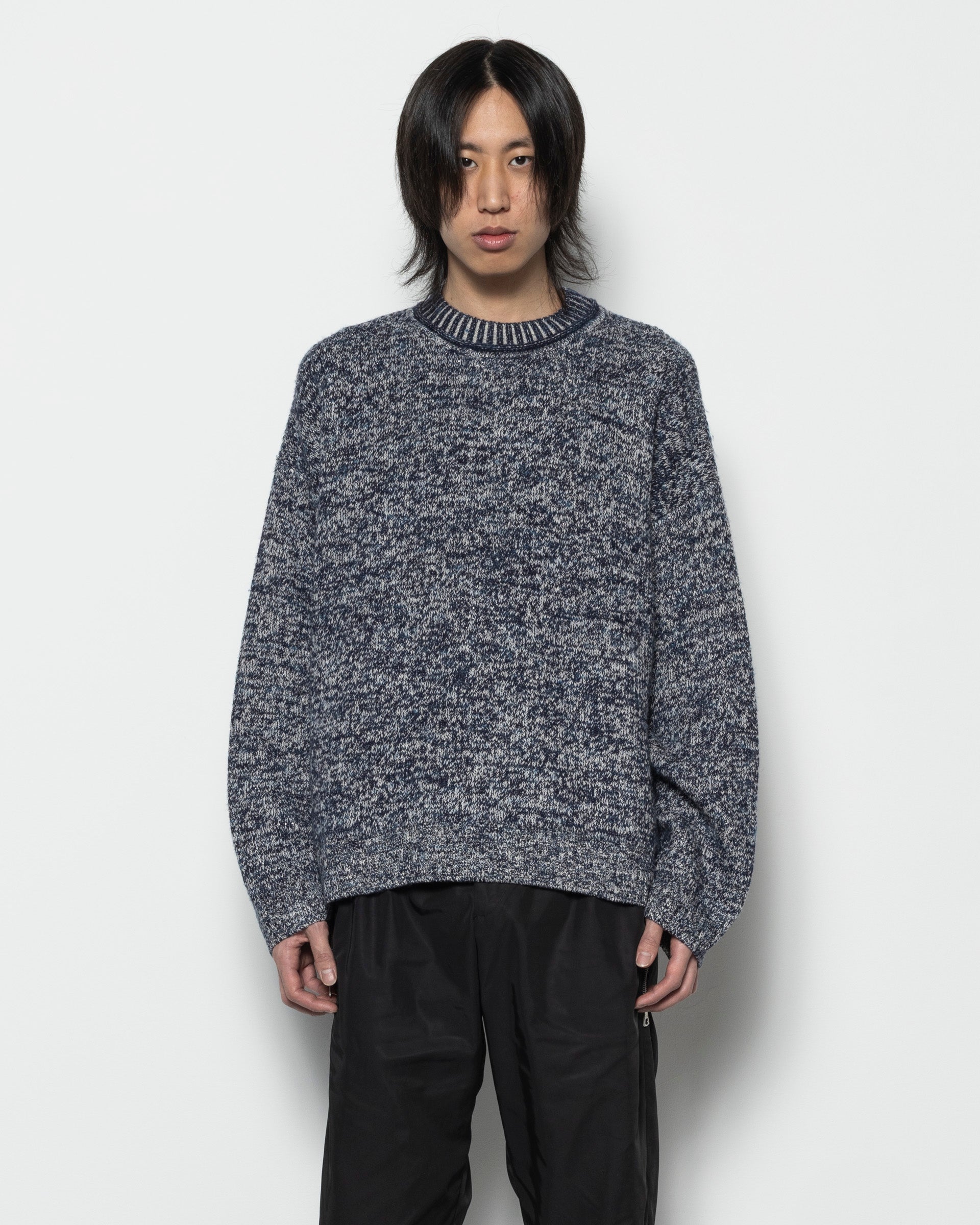 Jacquard Crew Neck Jumper in Blackbird, Blue, and Multi