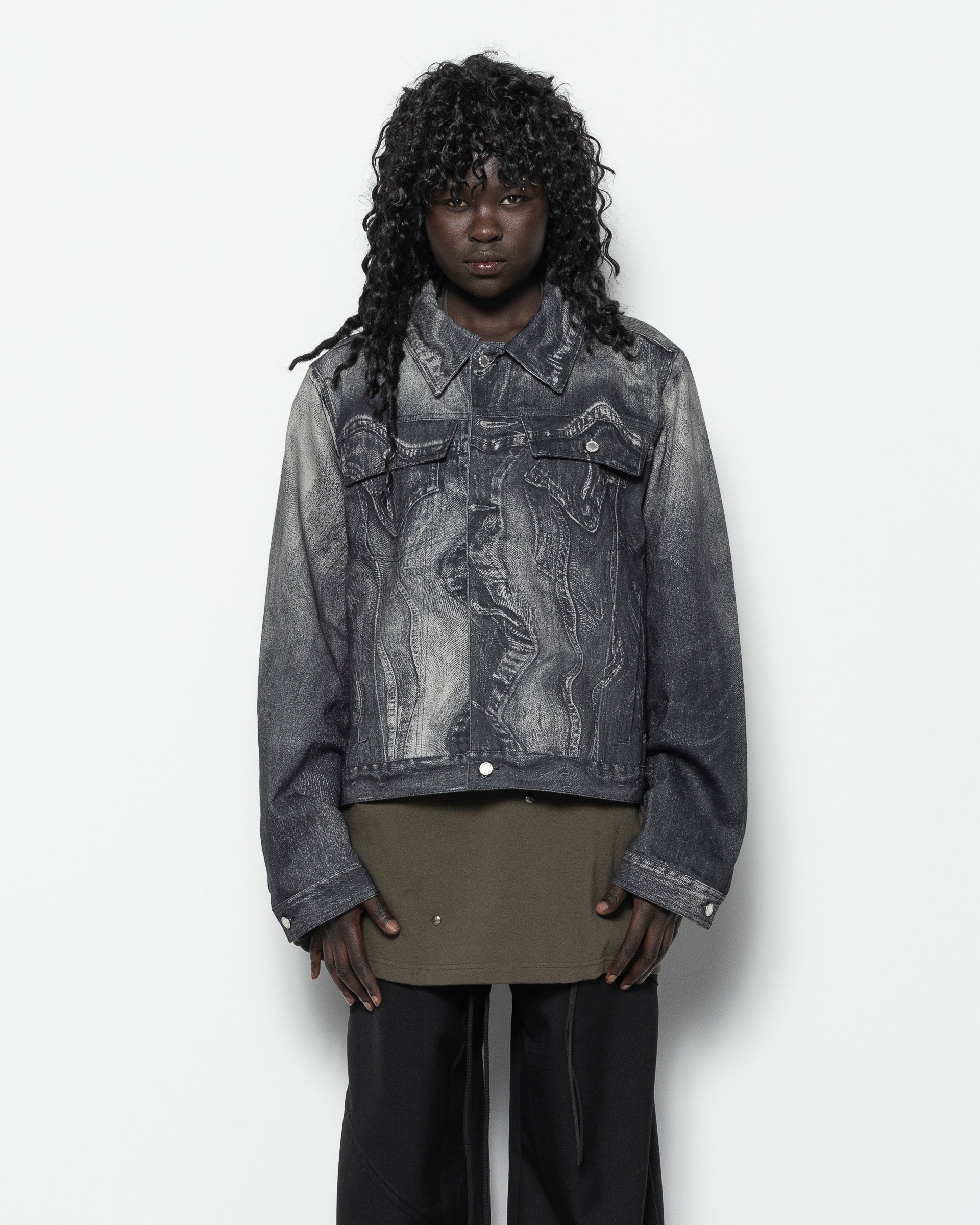 Distorted Print Denim Jacket in Black and Grey