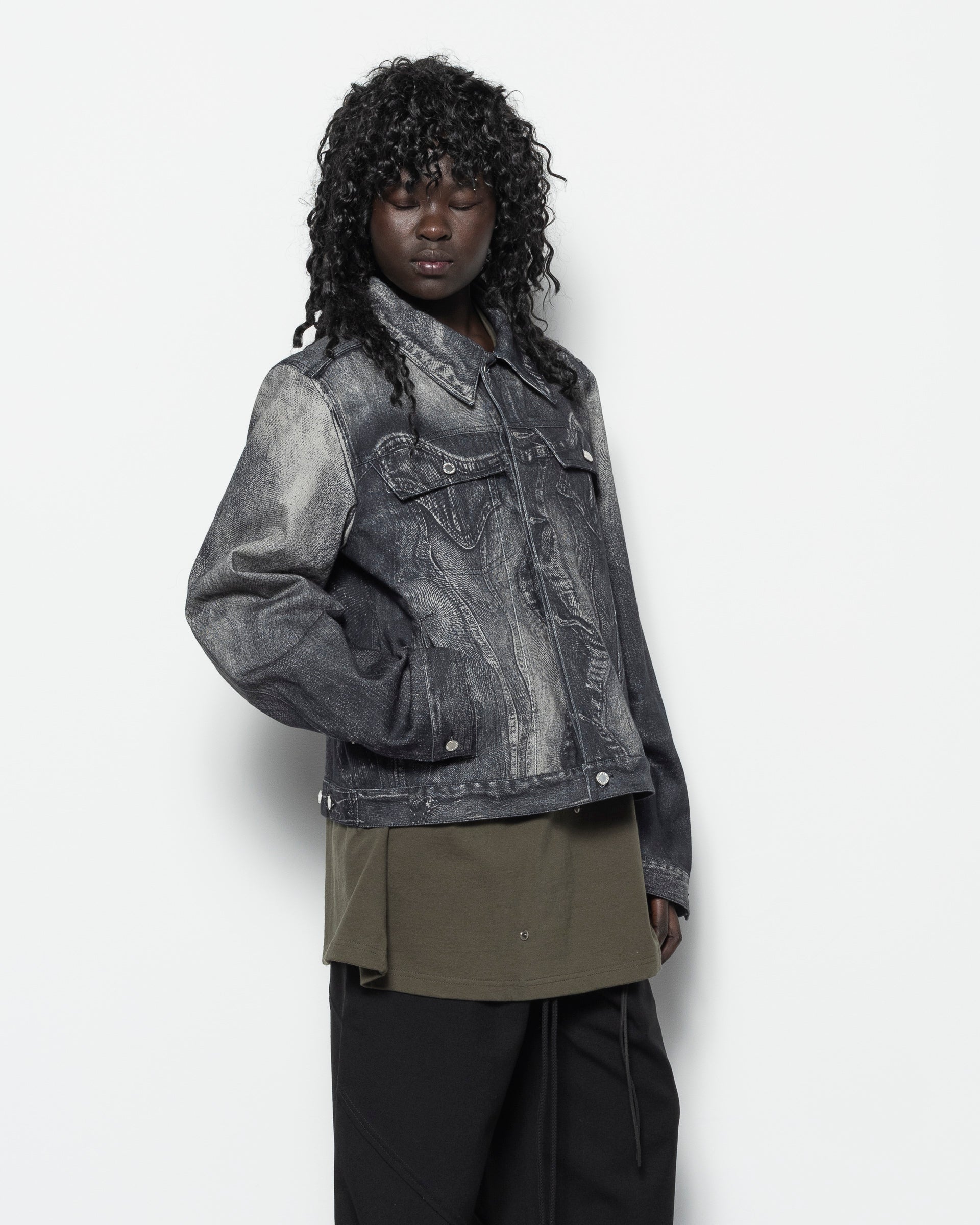 Distorted Print Denim Jacket in Black and Grey