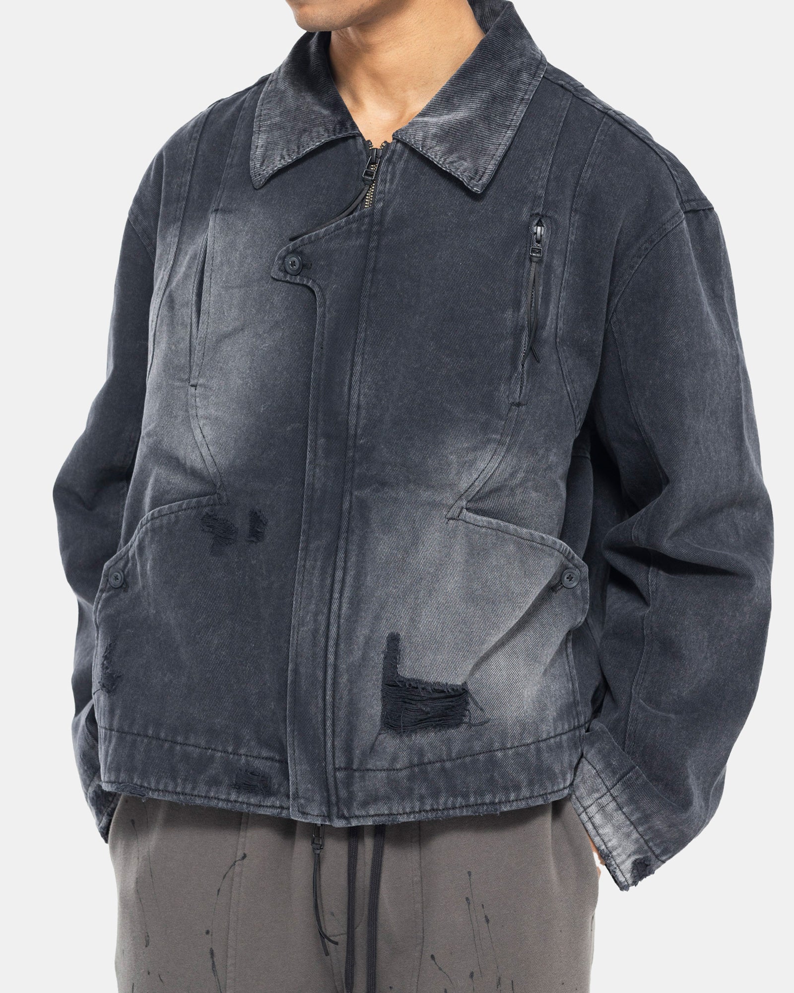 Male model wearing Professor.E grey jacket on white background