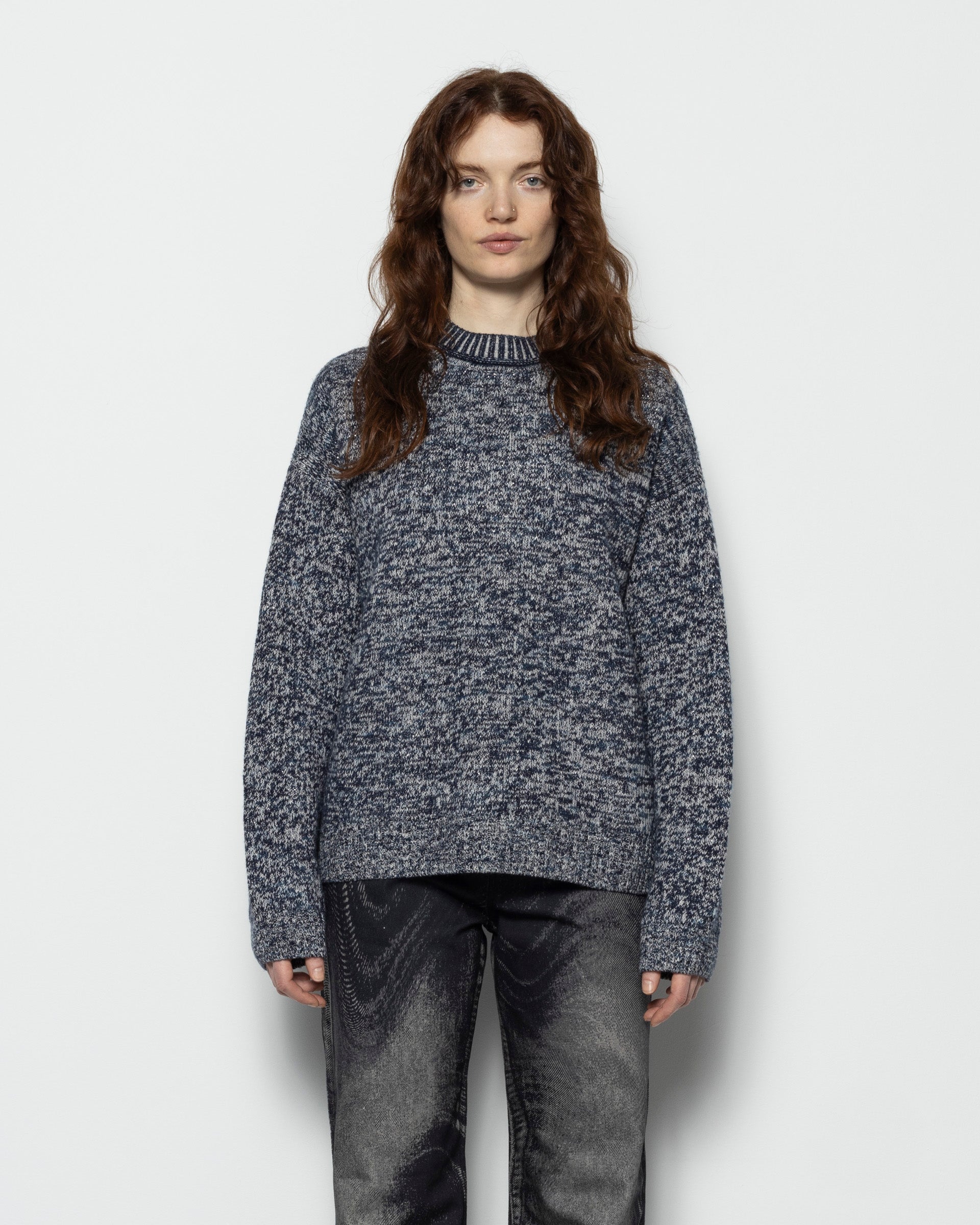 Jacquard Crew Neck Jumper in Blackbird, Blue, and Multi