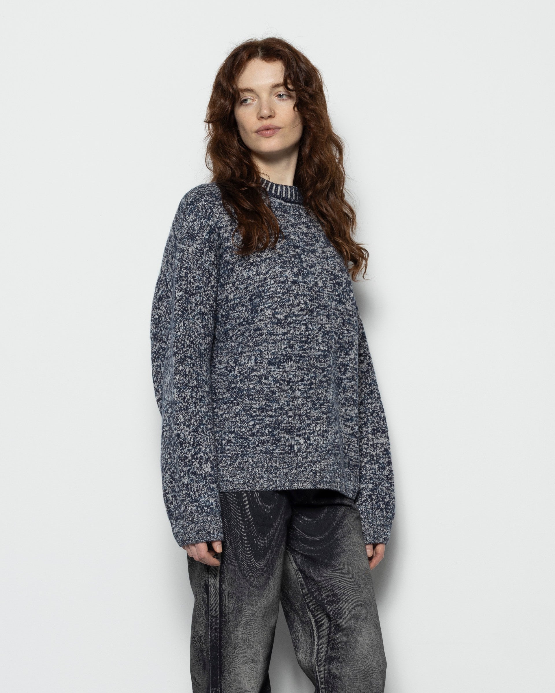 Jacquard Crew Neck Jumper in Blackbird, Blue, and Multi