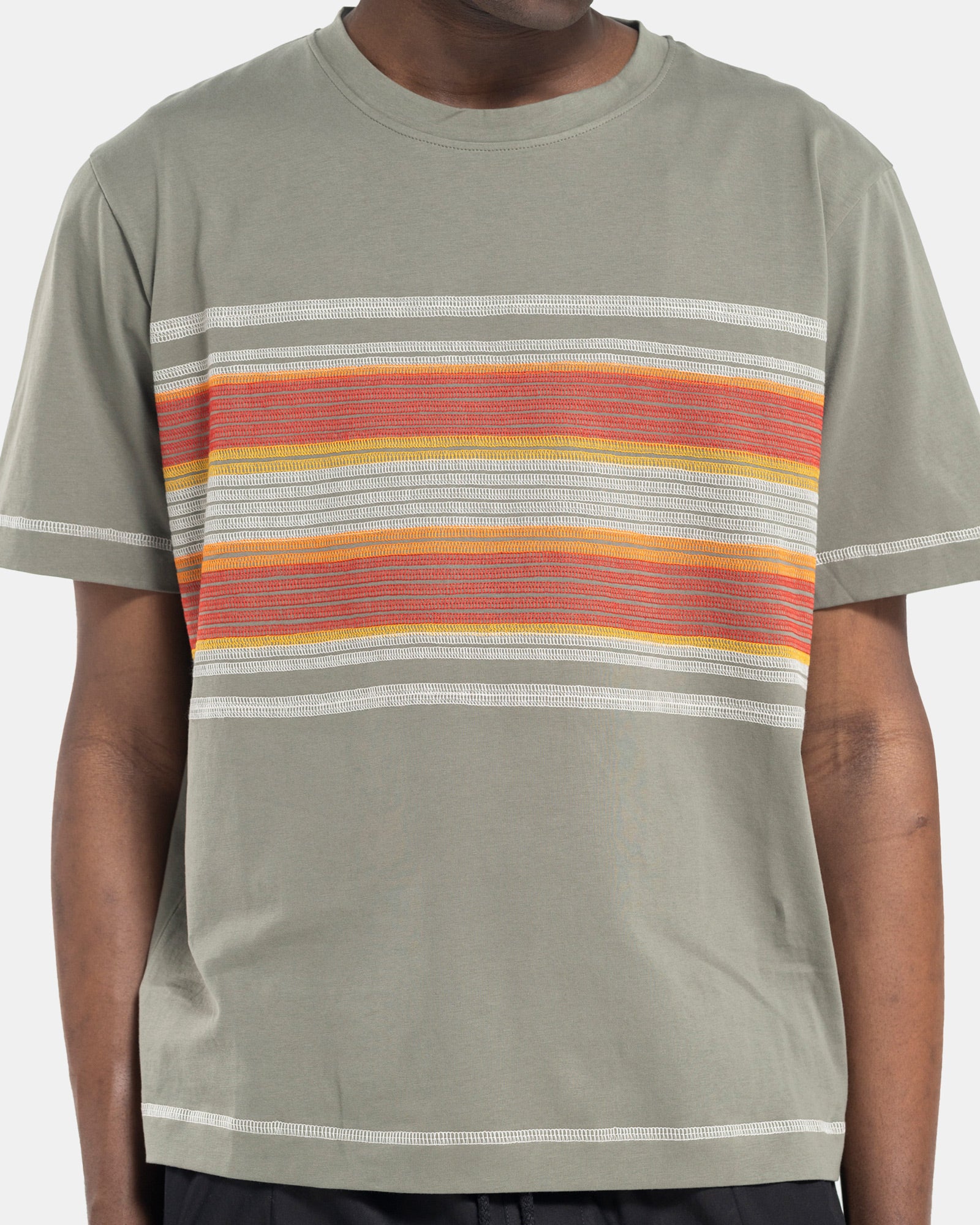 Close up of Model wearing Craig Green Flatlock Stripe T-Shirt in Olive on white background