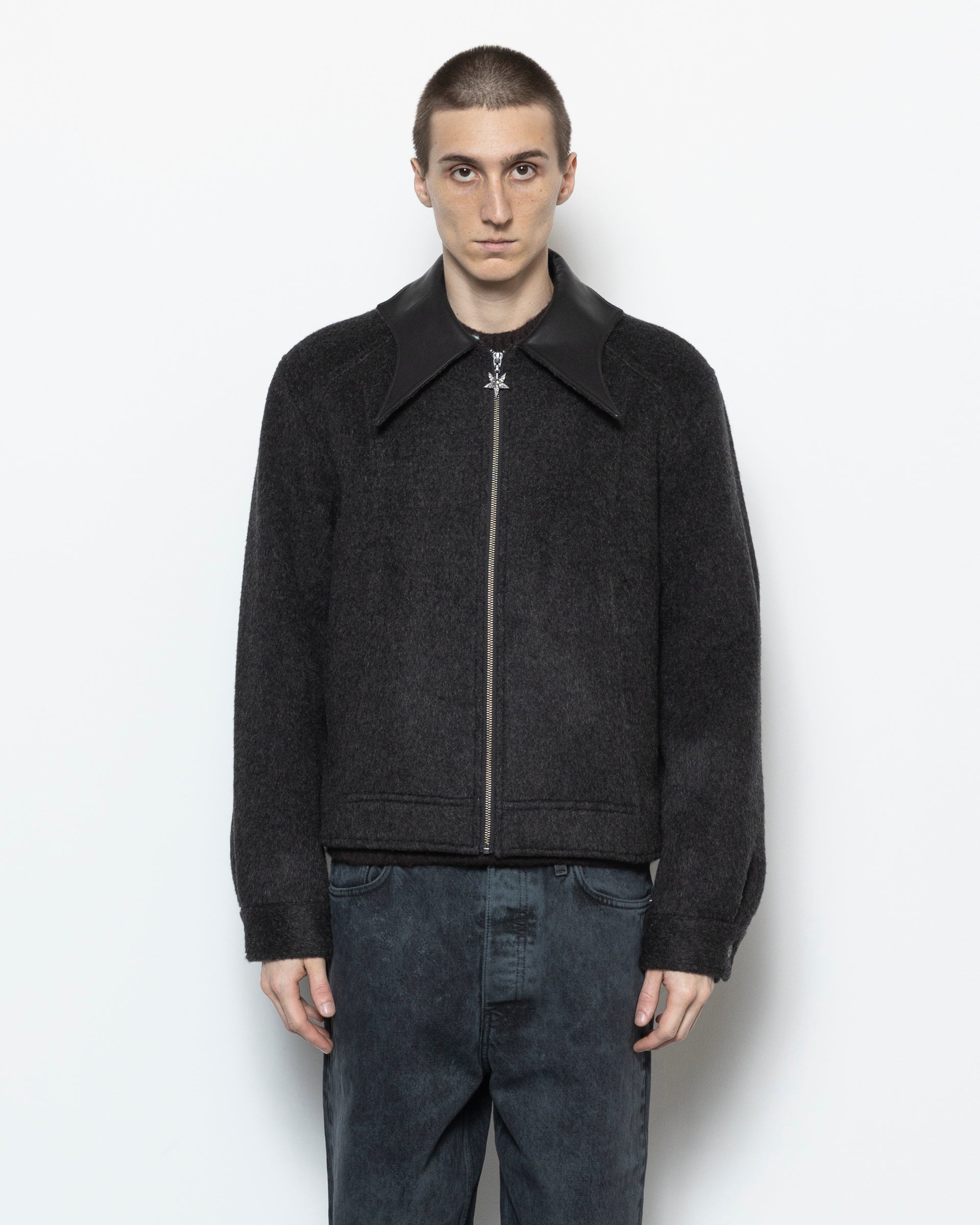 Count Orlok Leather Collar Jacket in Black and Grey