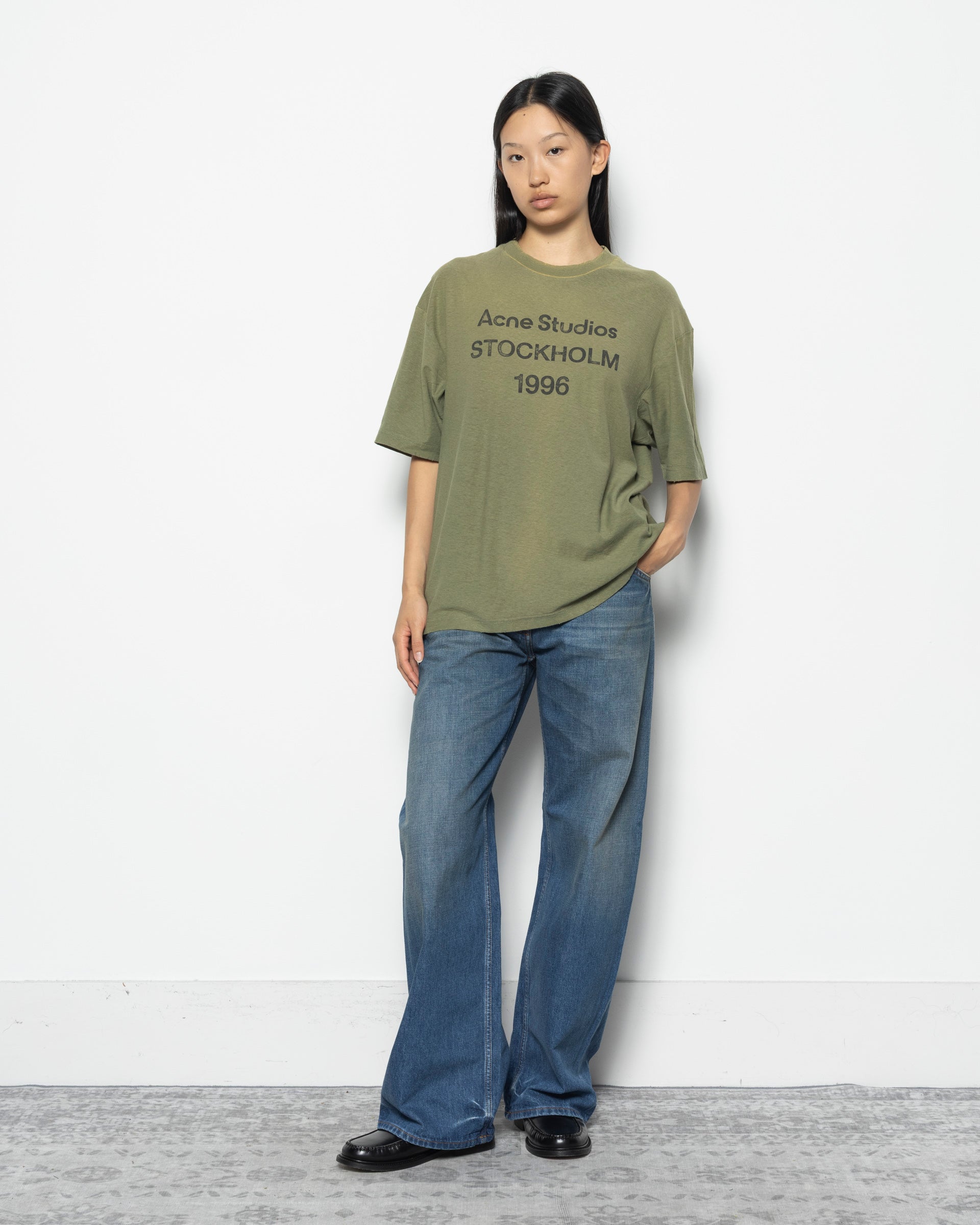 Belted Denim Trousers in Mid Blue