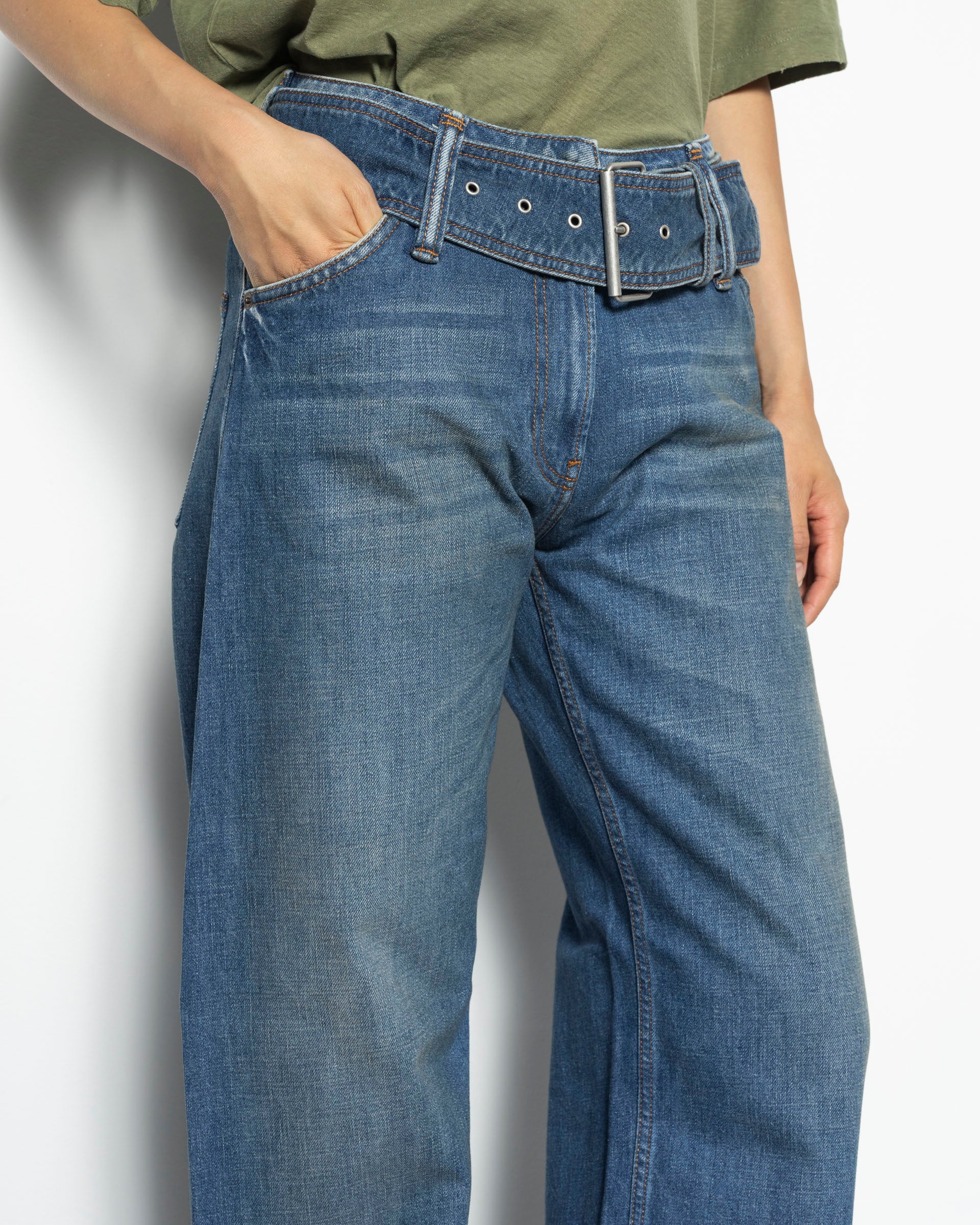 Belted Denim Trousers in Mid Blue