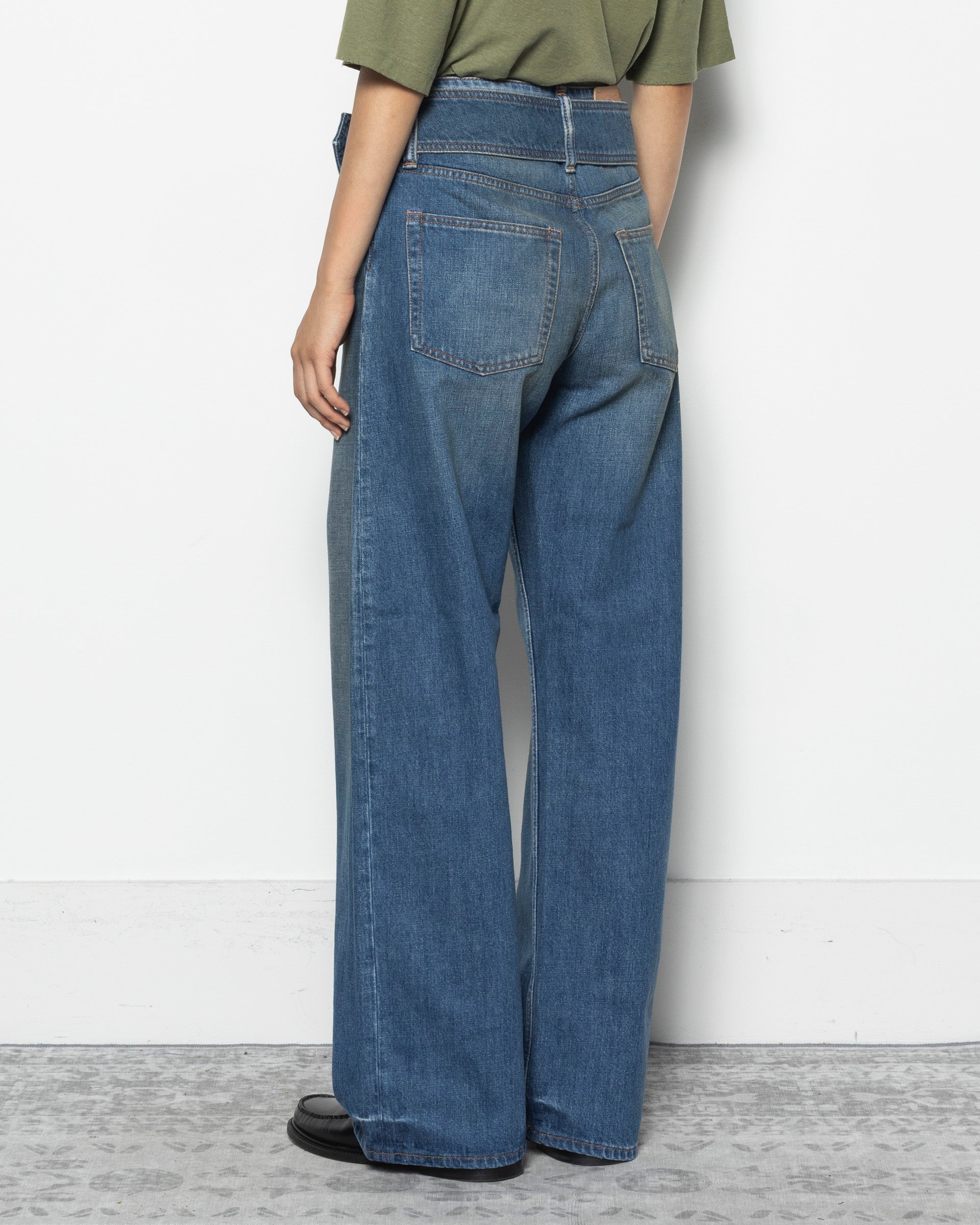 Belted Denim Trousers in Mid Blue