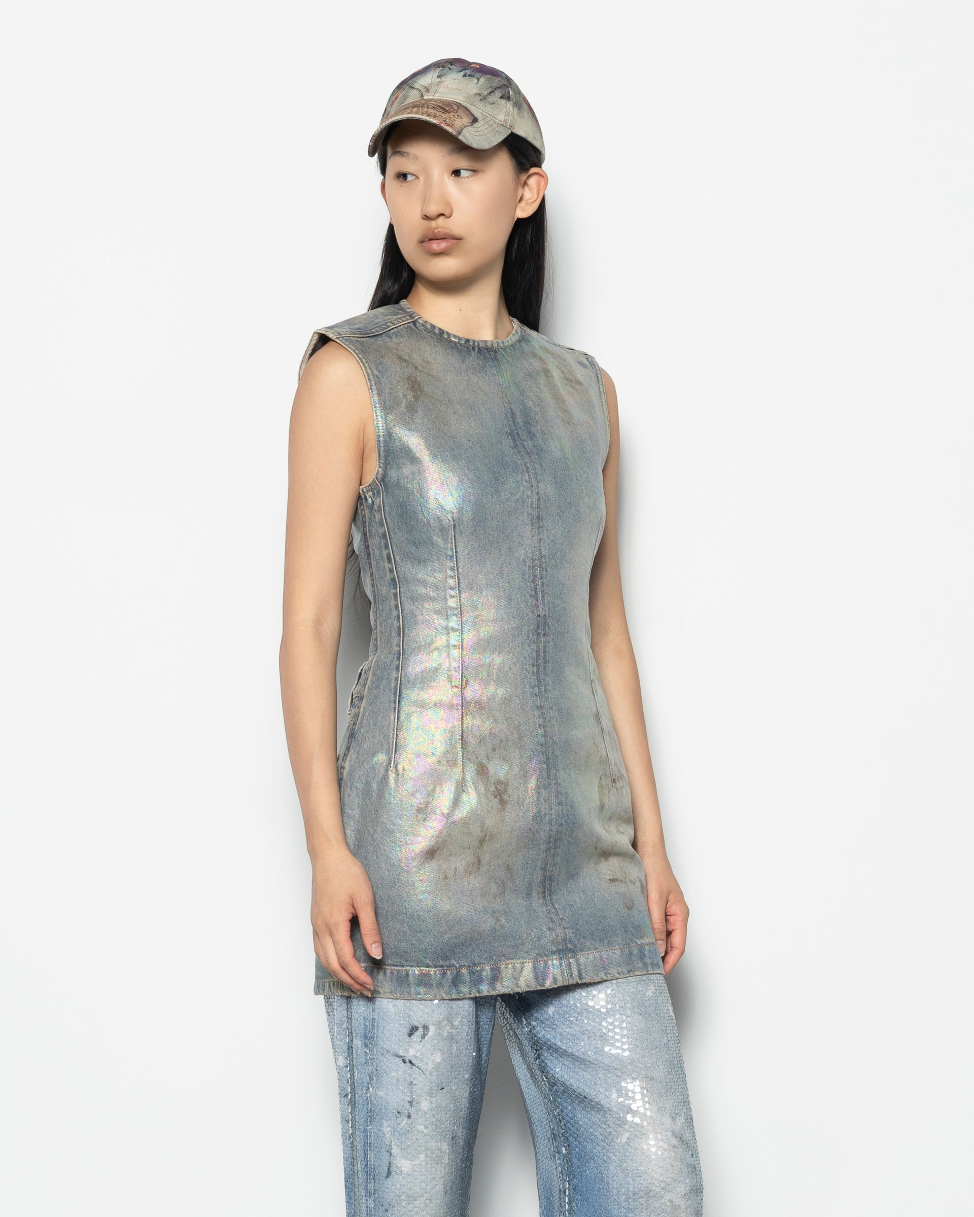 Coated Denim Dress in Mid Blue
