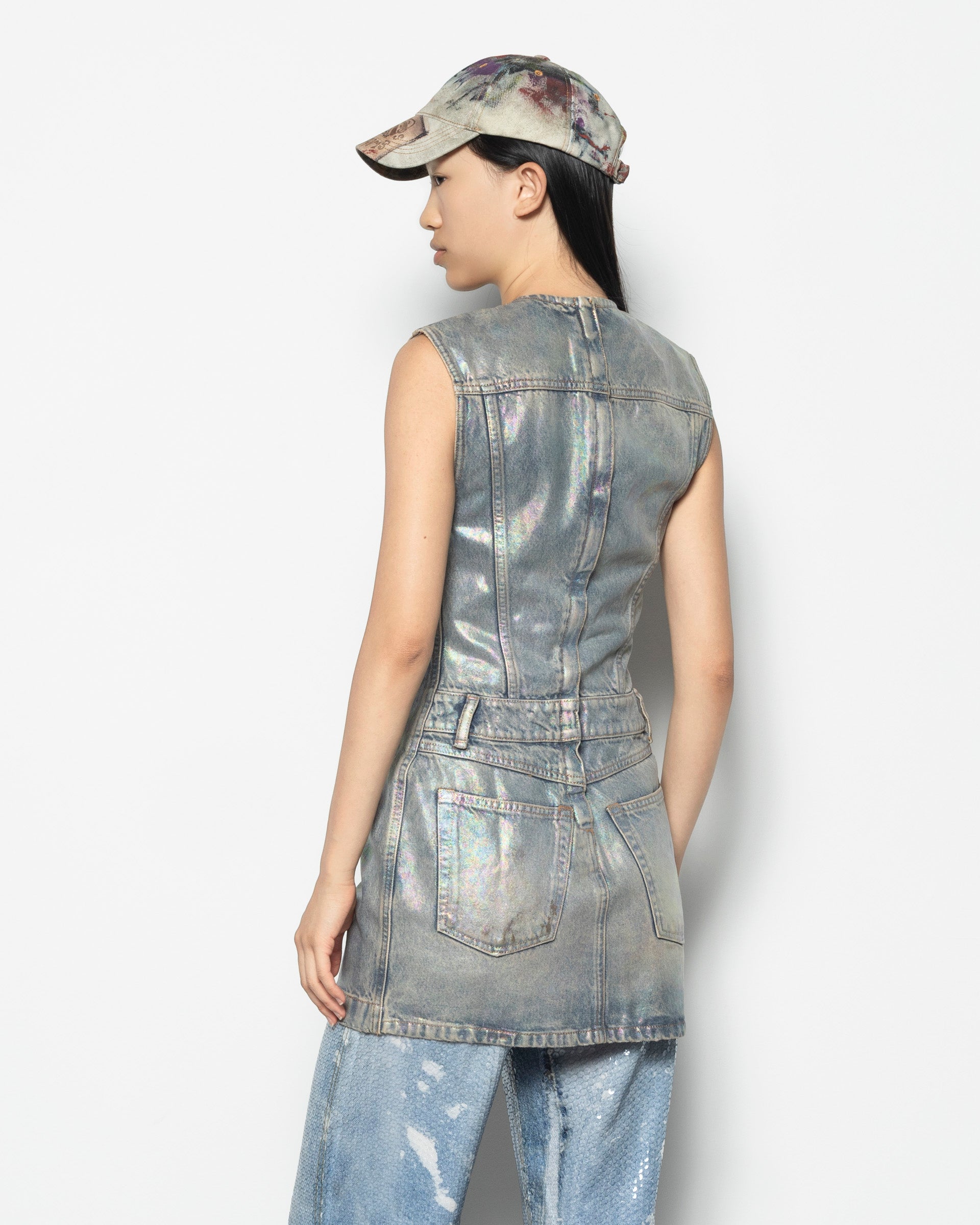 Coated Denim Dress in Mid Blue