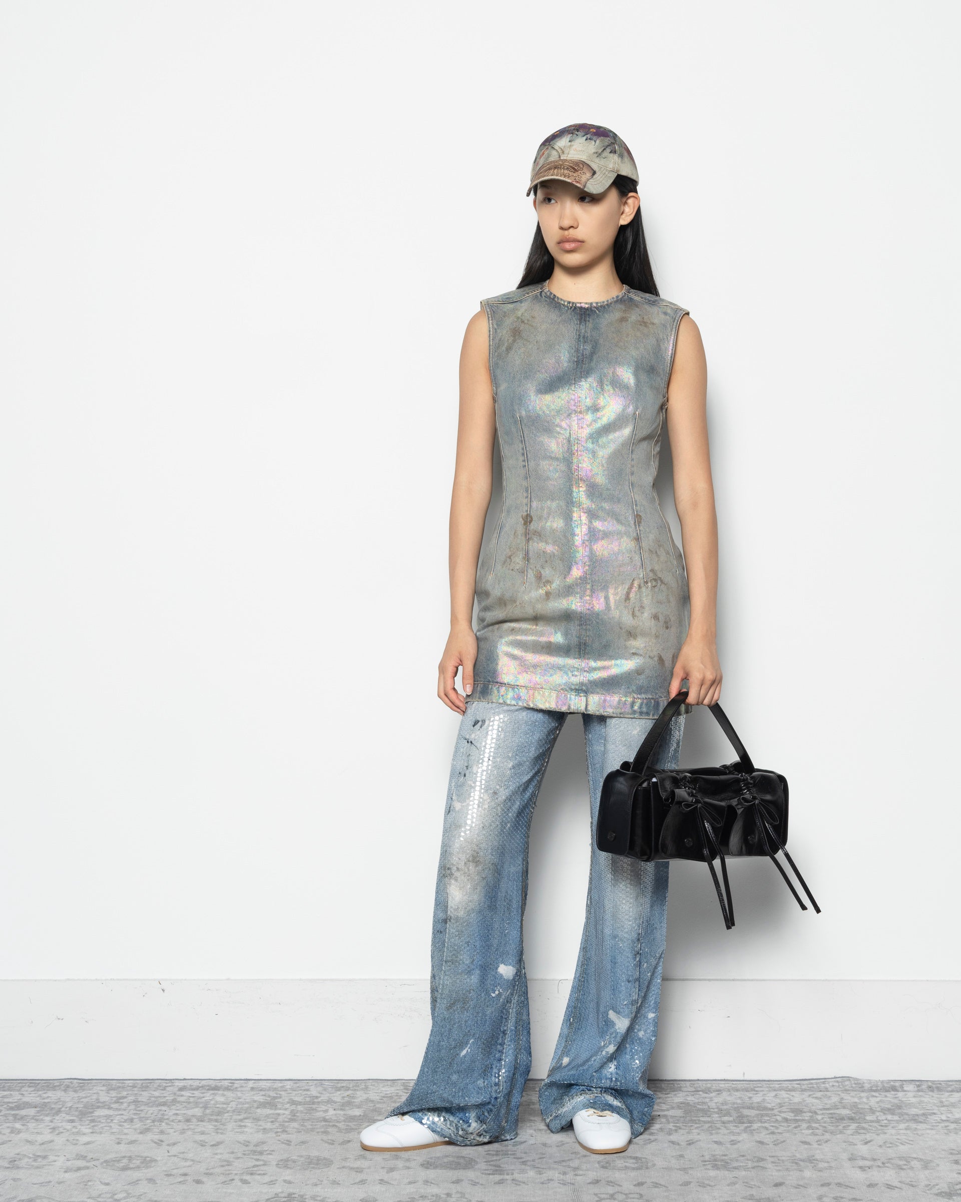 Coated Denim Dress in Mid Blue