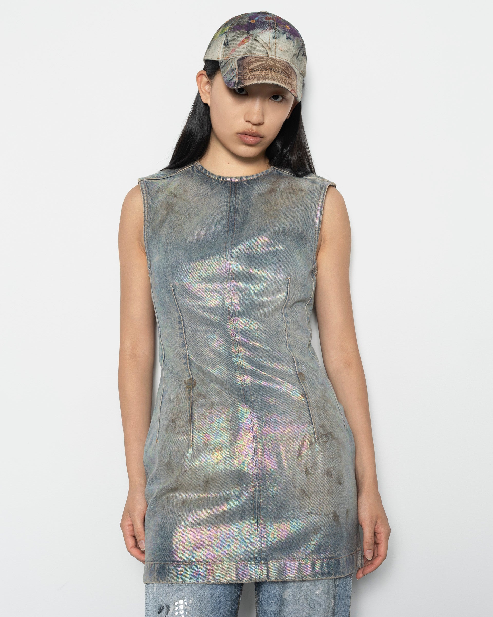 Coated Denim Dress in Mid Blue