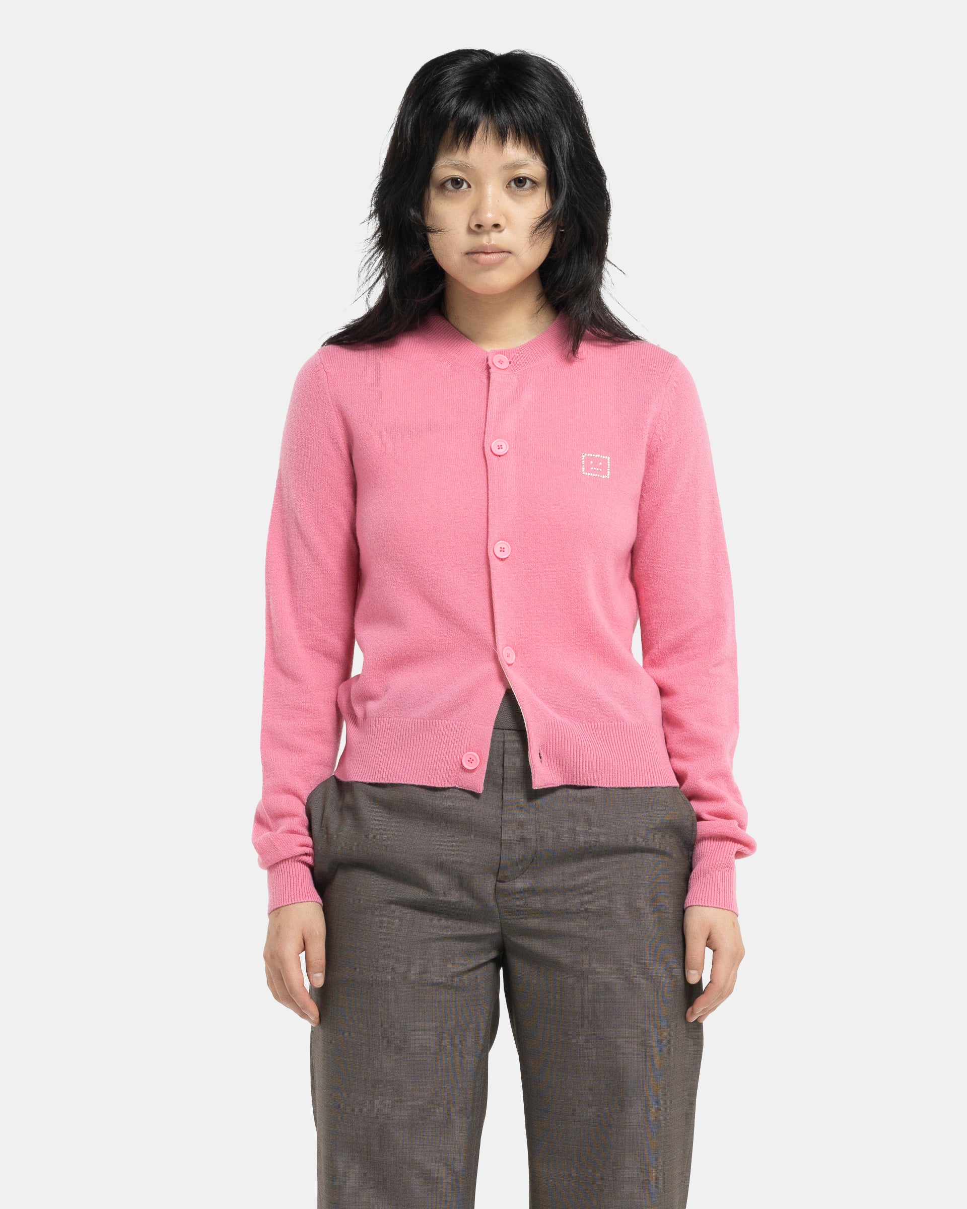 Embellished Face Logo Cardigan in Tango Pink