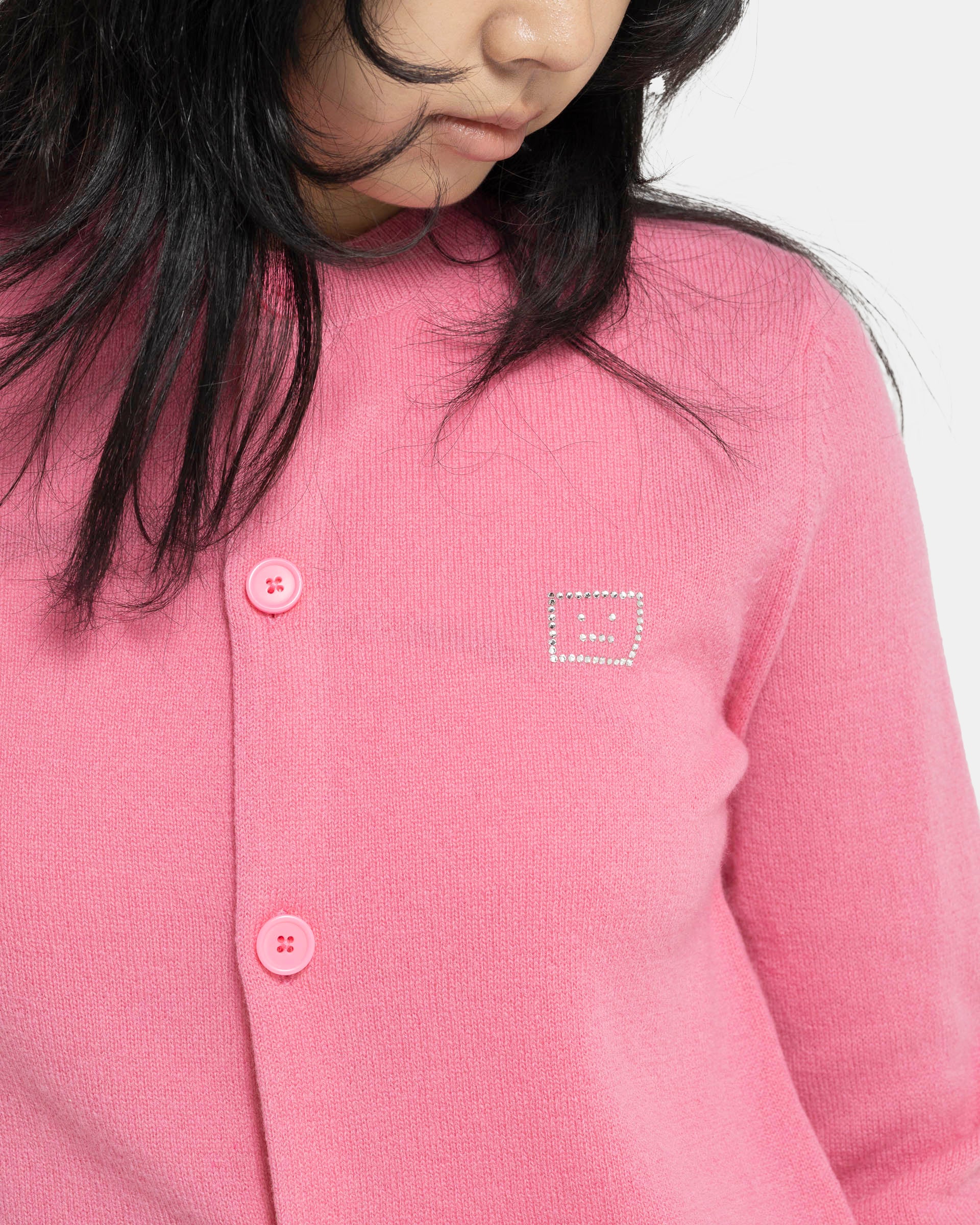 Embellished Face Logo Cardigan in Tango Pink