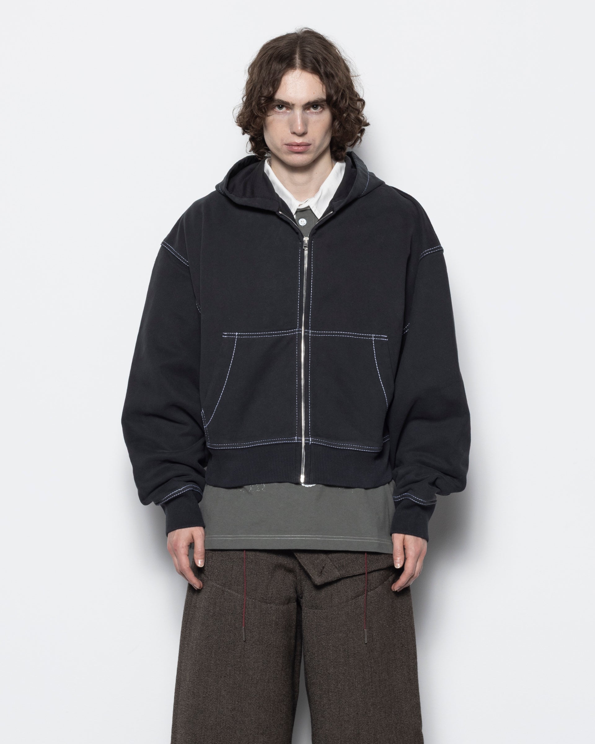 Contrast Stitch Zip Hoodie in Faded Black