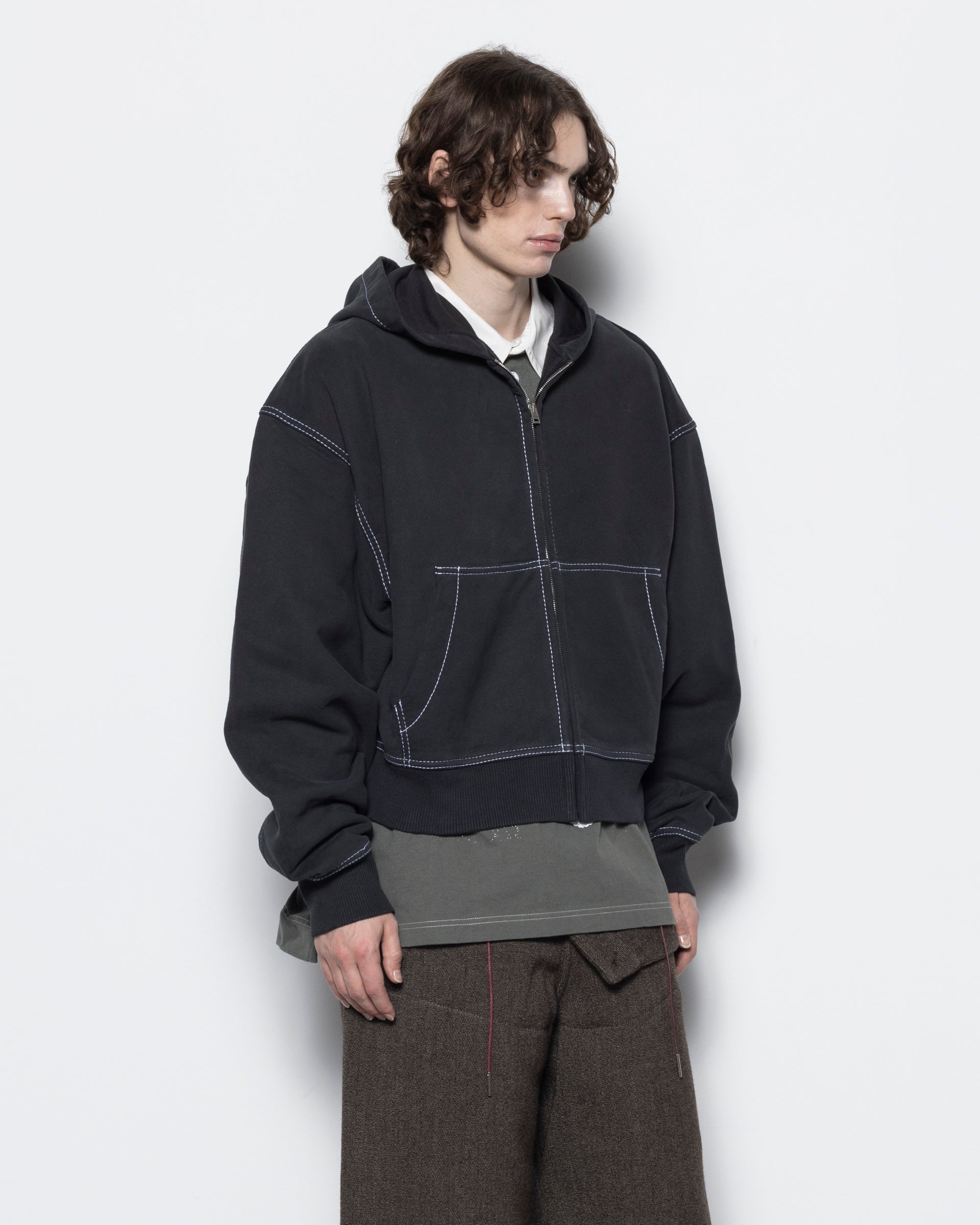 Contrast Stitch Zip Hoodie in Faded Black