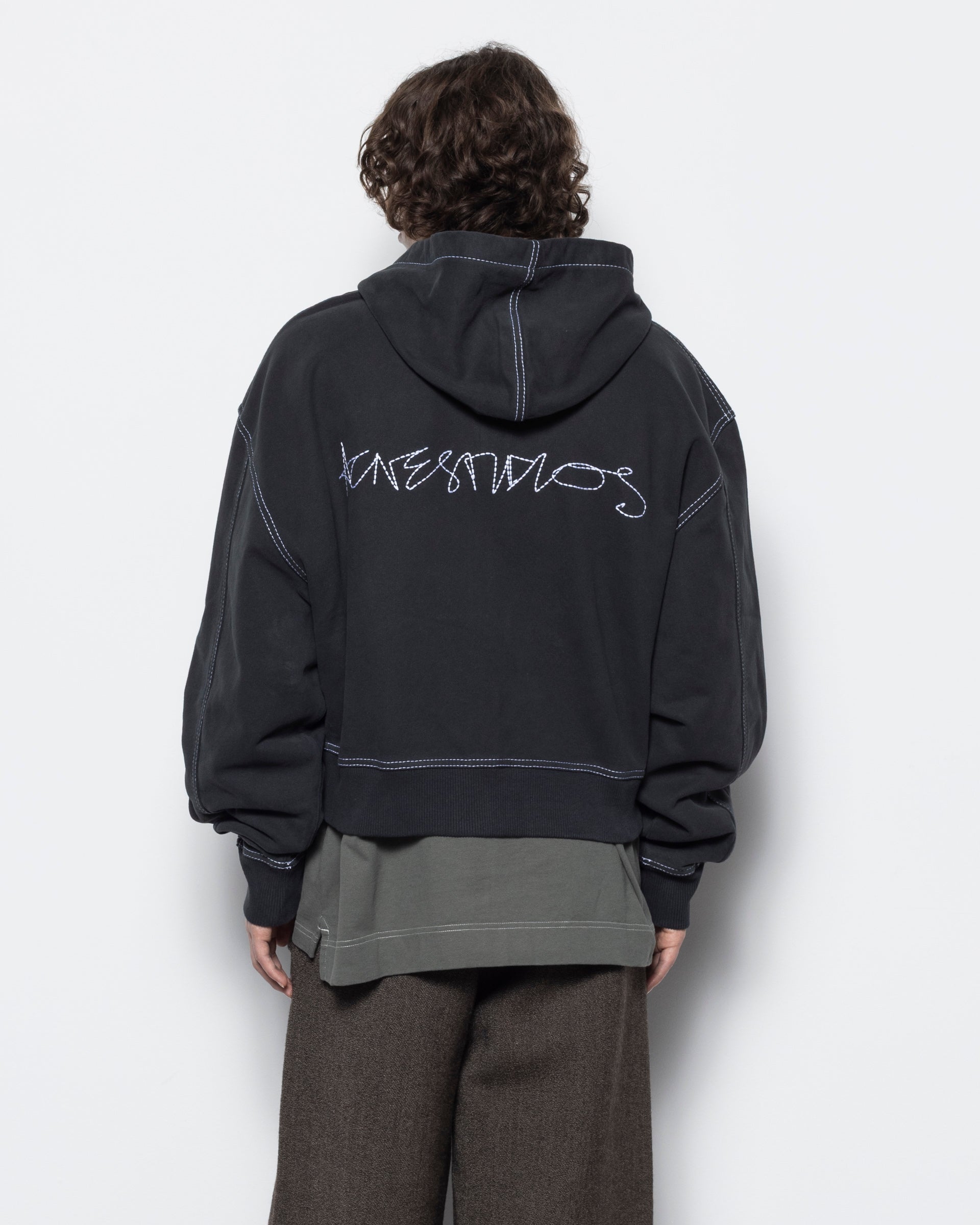 Contrast Stitch Zip Hoodie in Faded Black