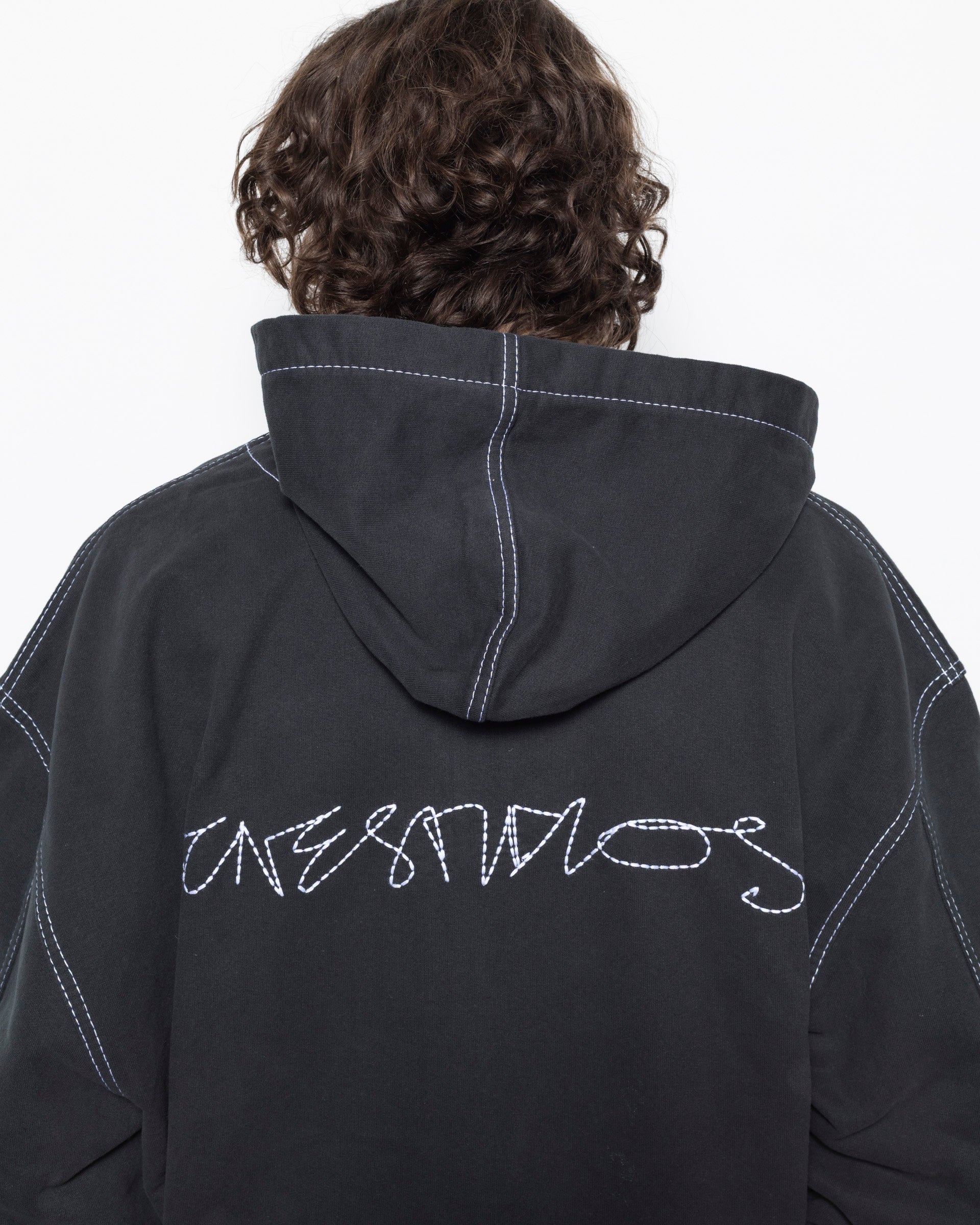 Contrast Stitch Zip Hoodie in Faded Black