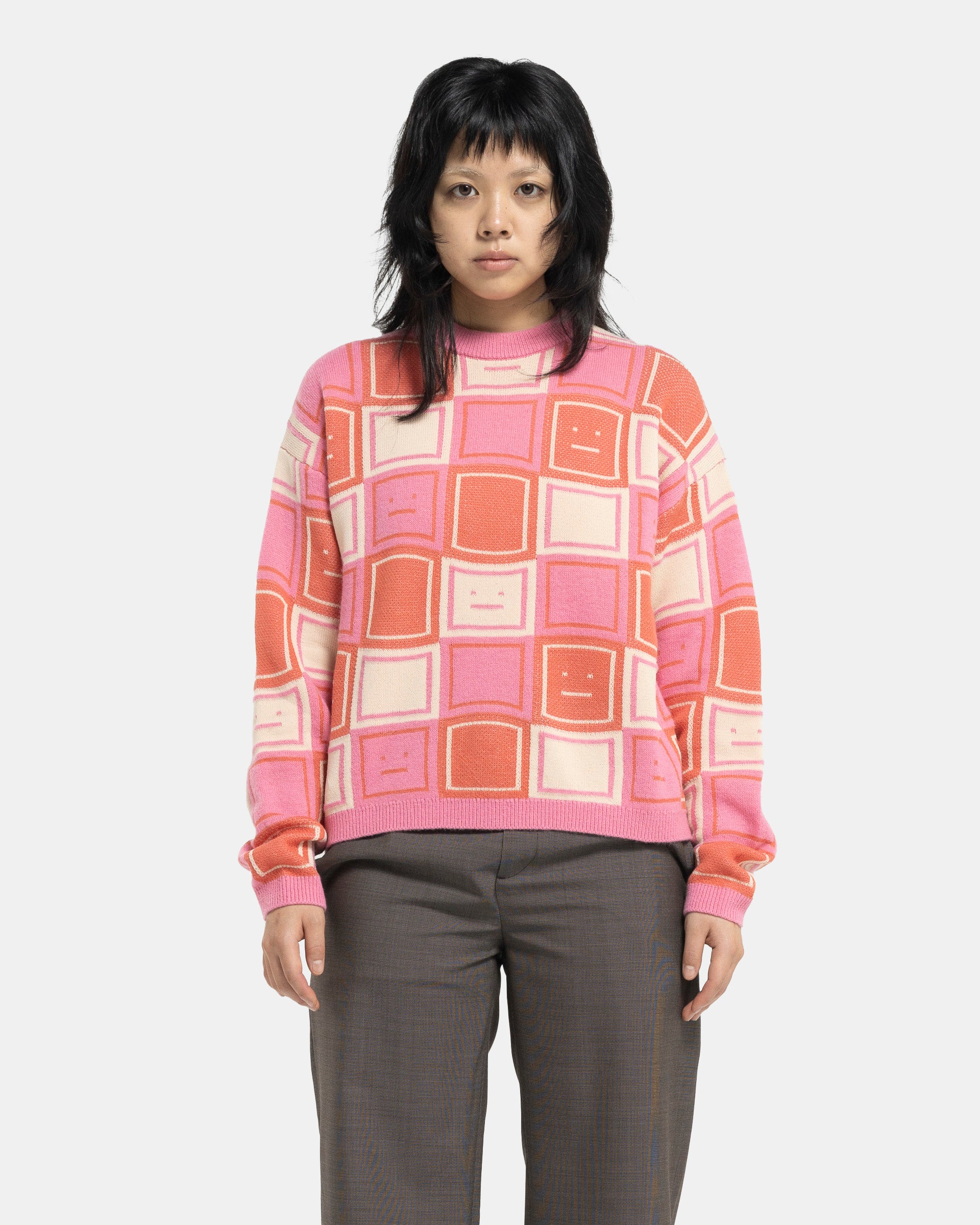 Jacquard Crew Neck Jumper in Rusty Orange and Tango Pink