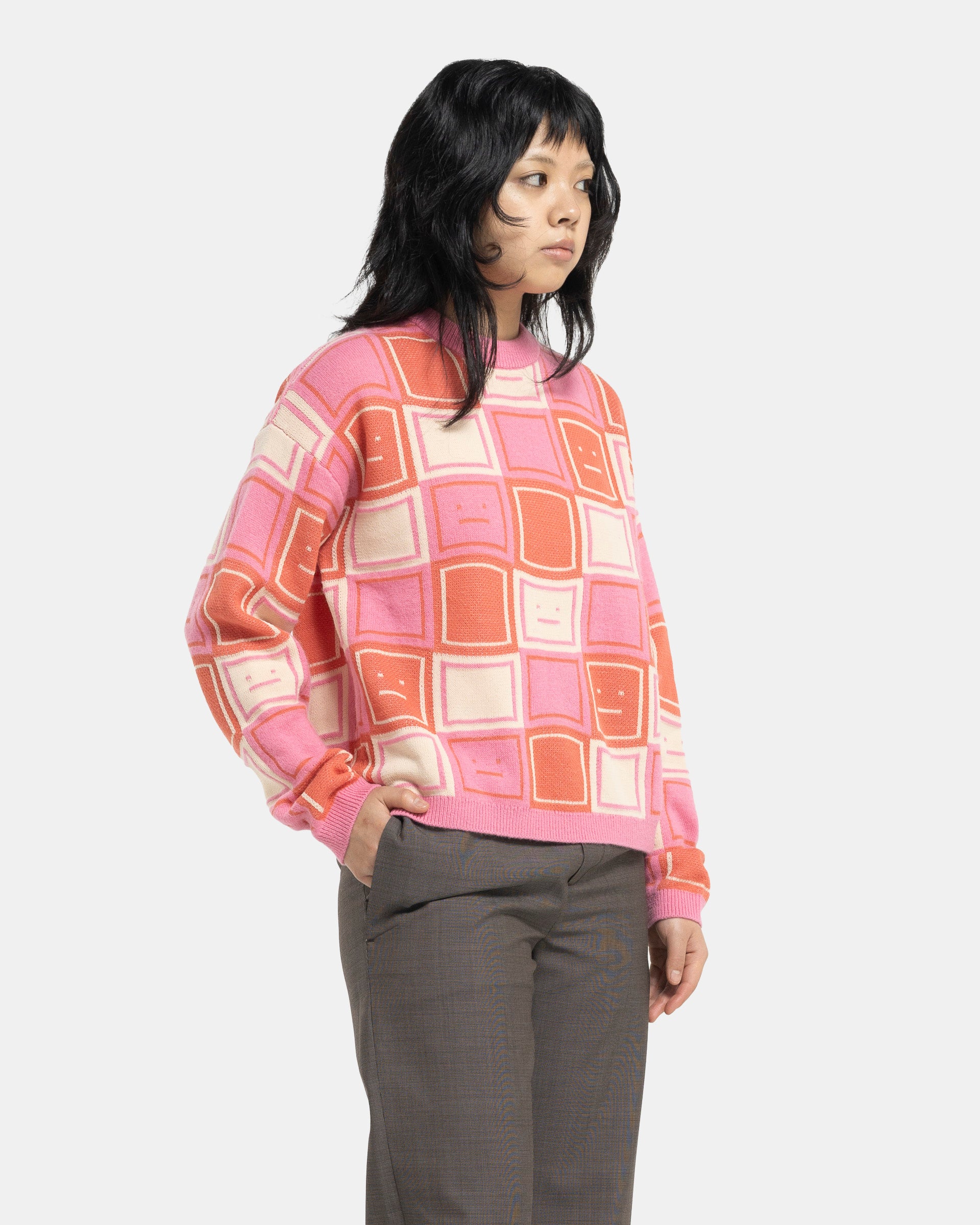 Jacquard Crew Neck Jumper in Rusty Orange and Tango Pink