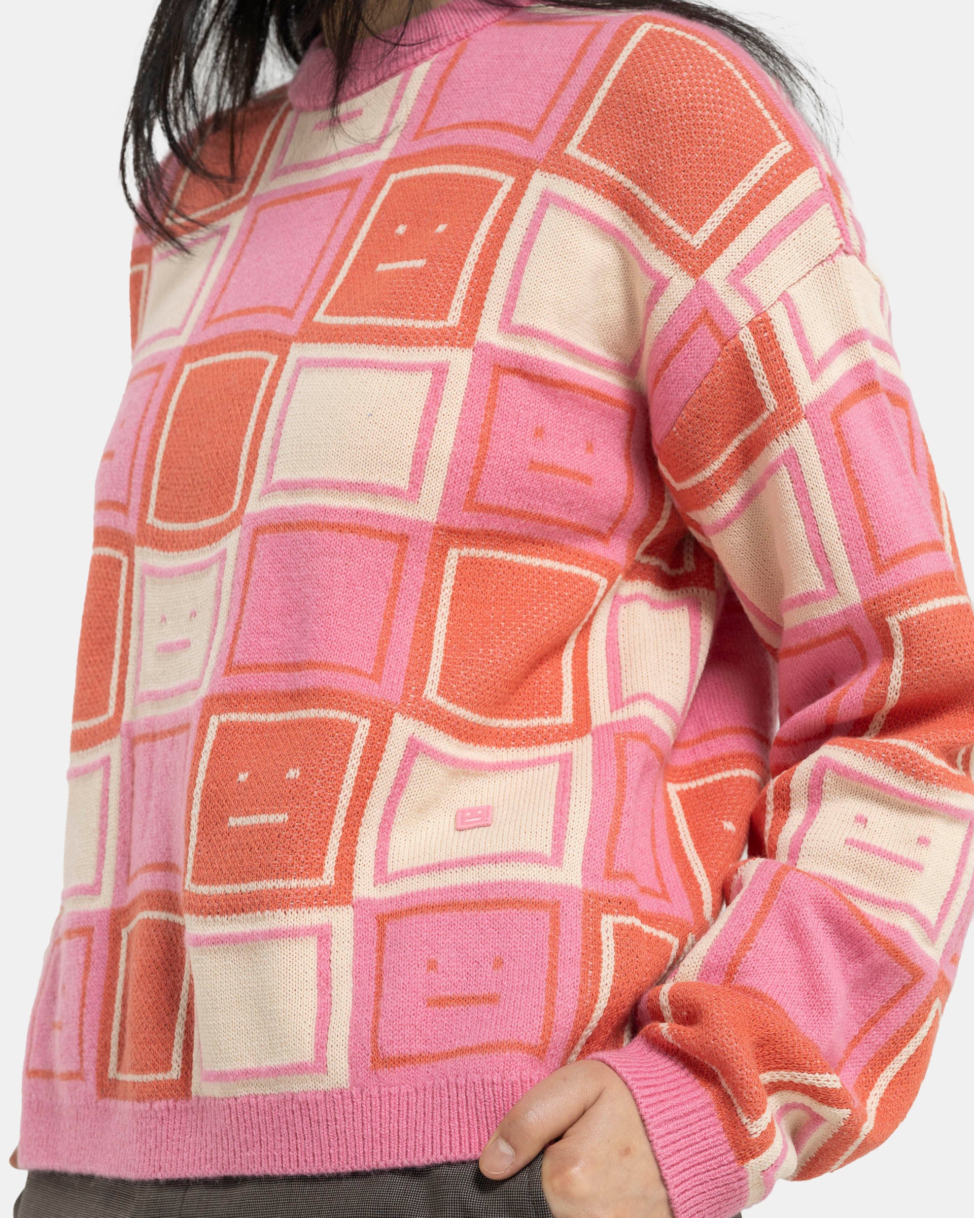 Jacquard Crew Neck Jumper in Rusty Orange and Tango Pink