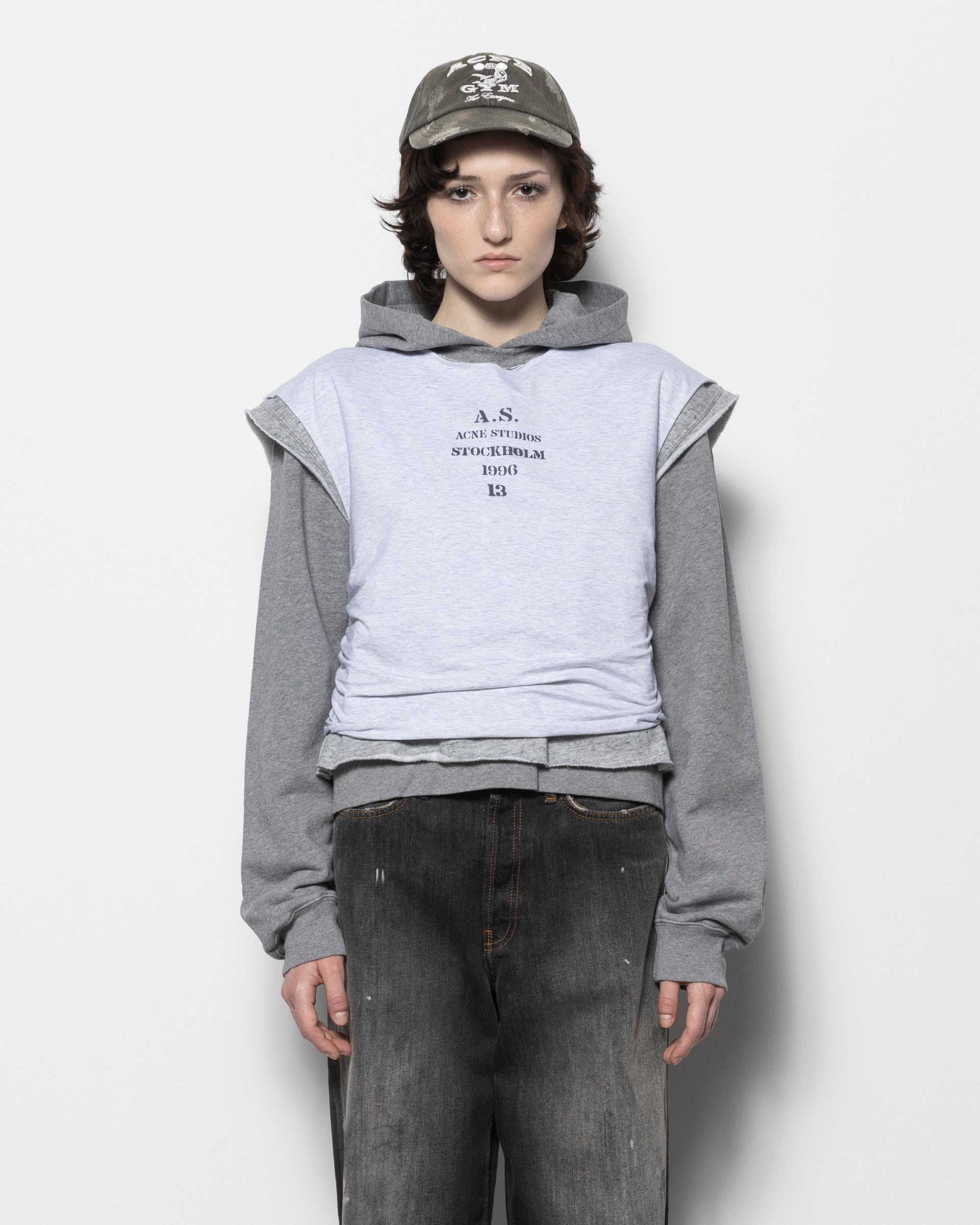 Layered Hooded Sweatshirt in Grey Melange