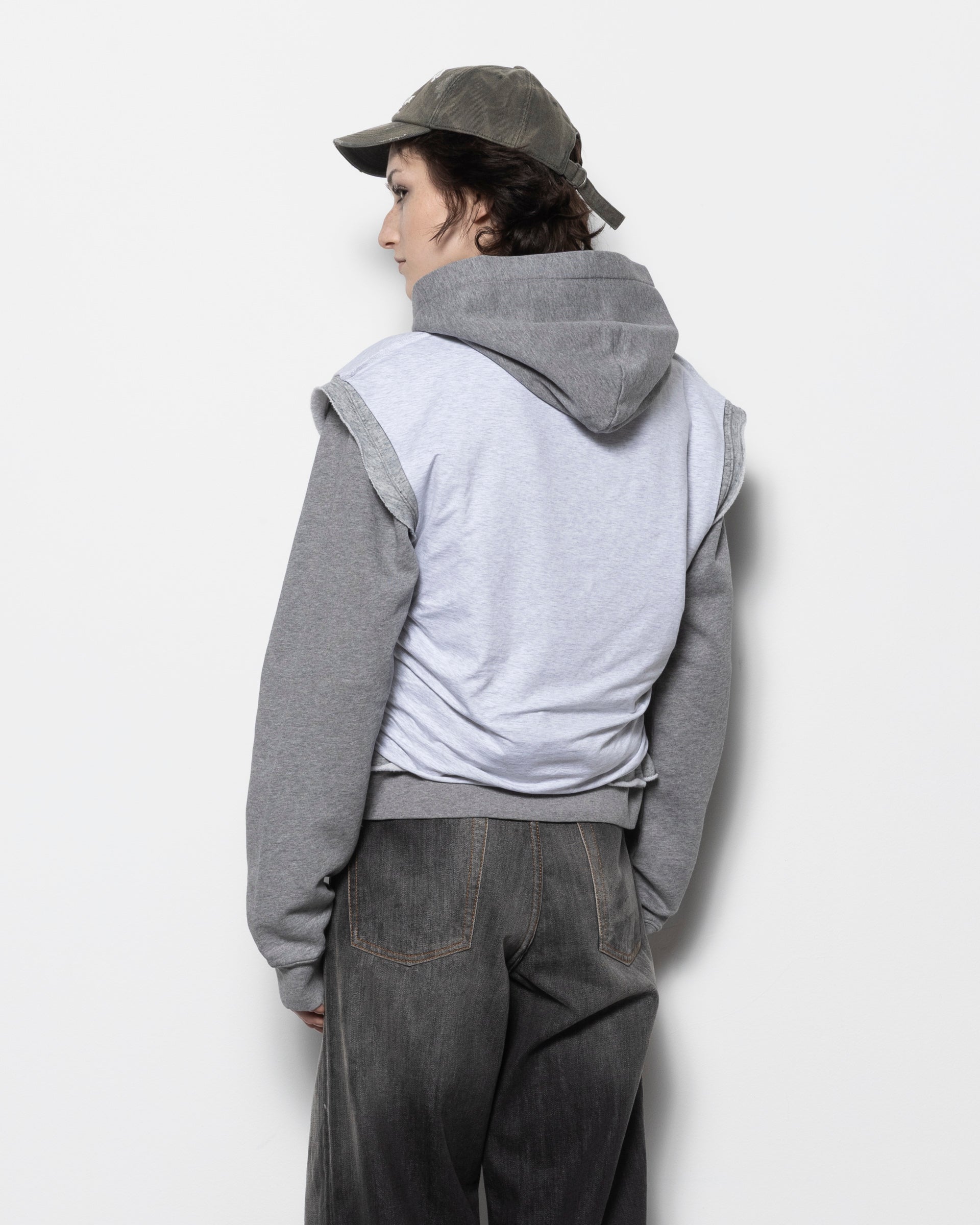 Layered Hooded Sweatshirt in Grey Melange