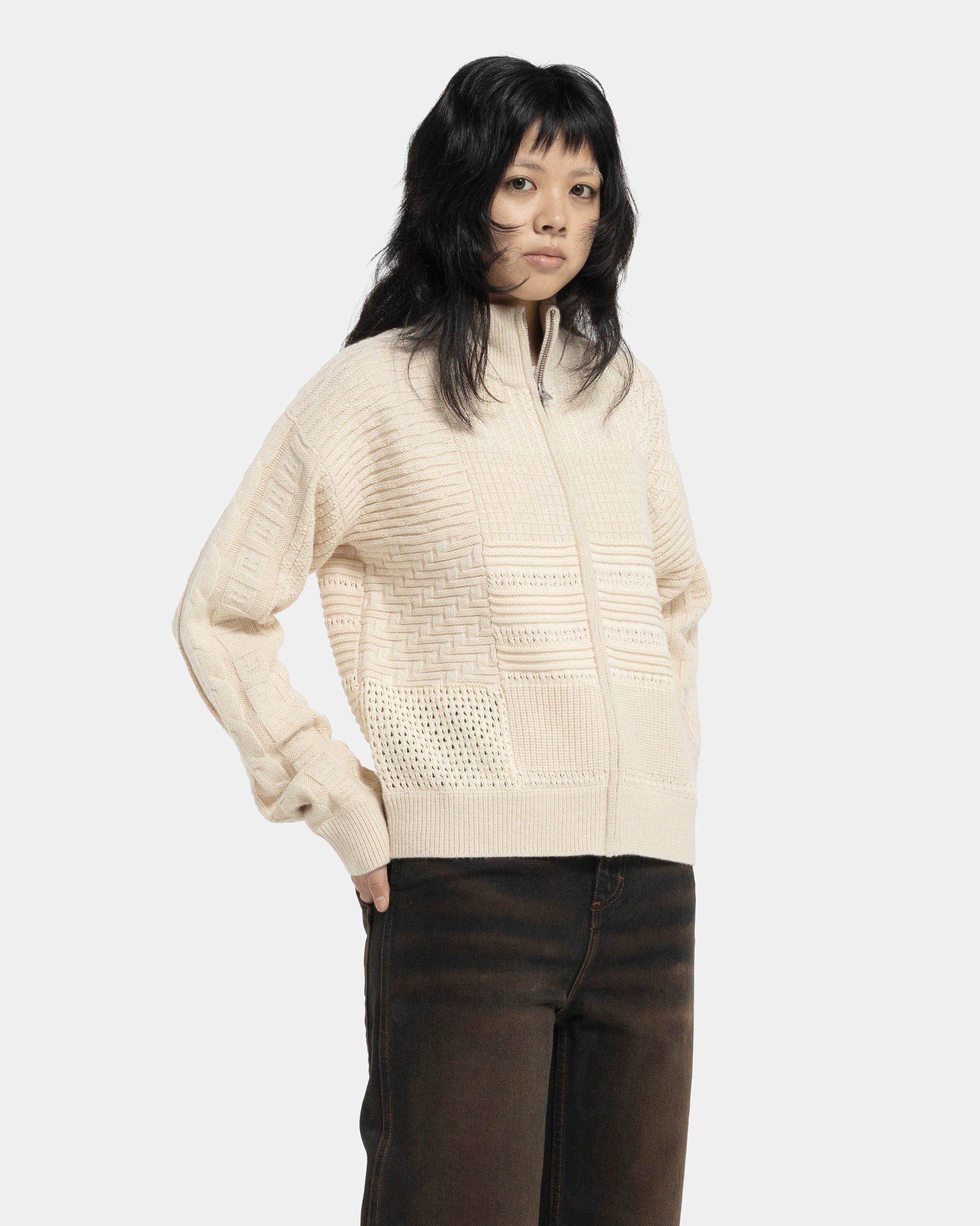 Patchwork Knit Cardigan in Oatmeal Melange