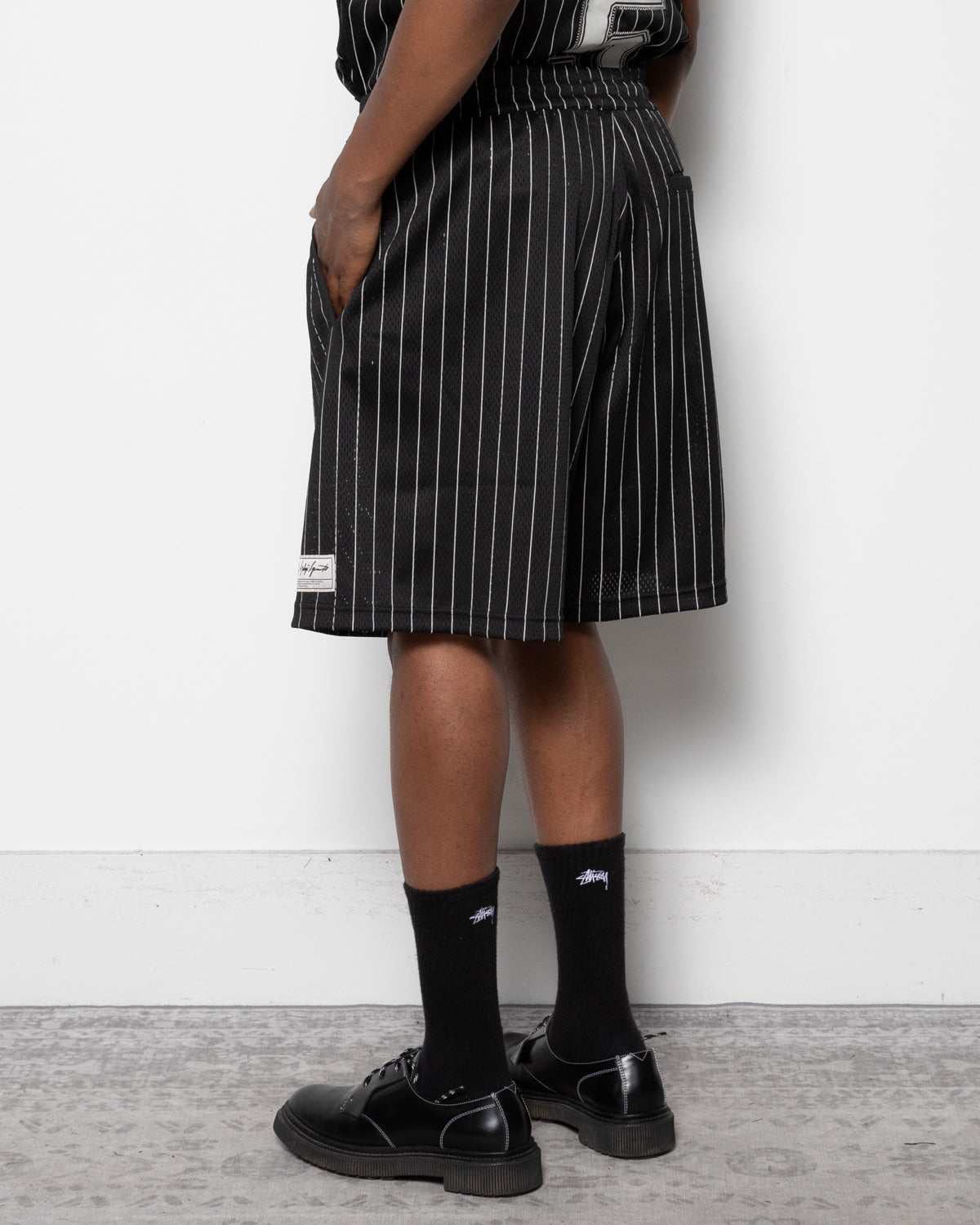 Y-3 Mesh Pinstripe Shorts in Black