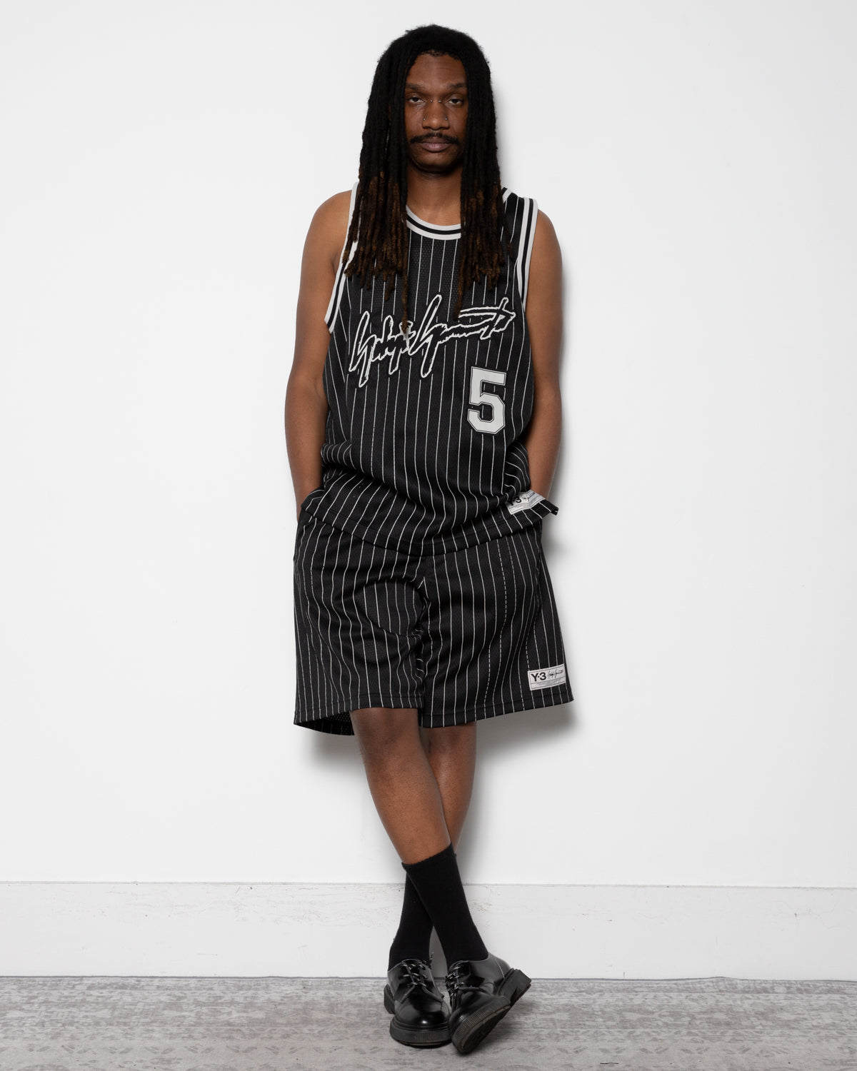 Y-3 Mesh Pinstripe Shorts in Black