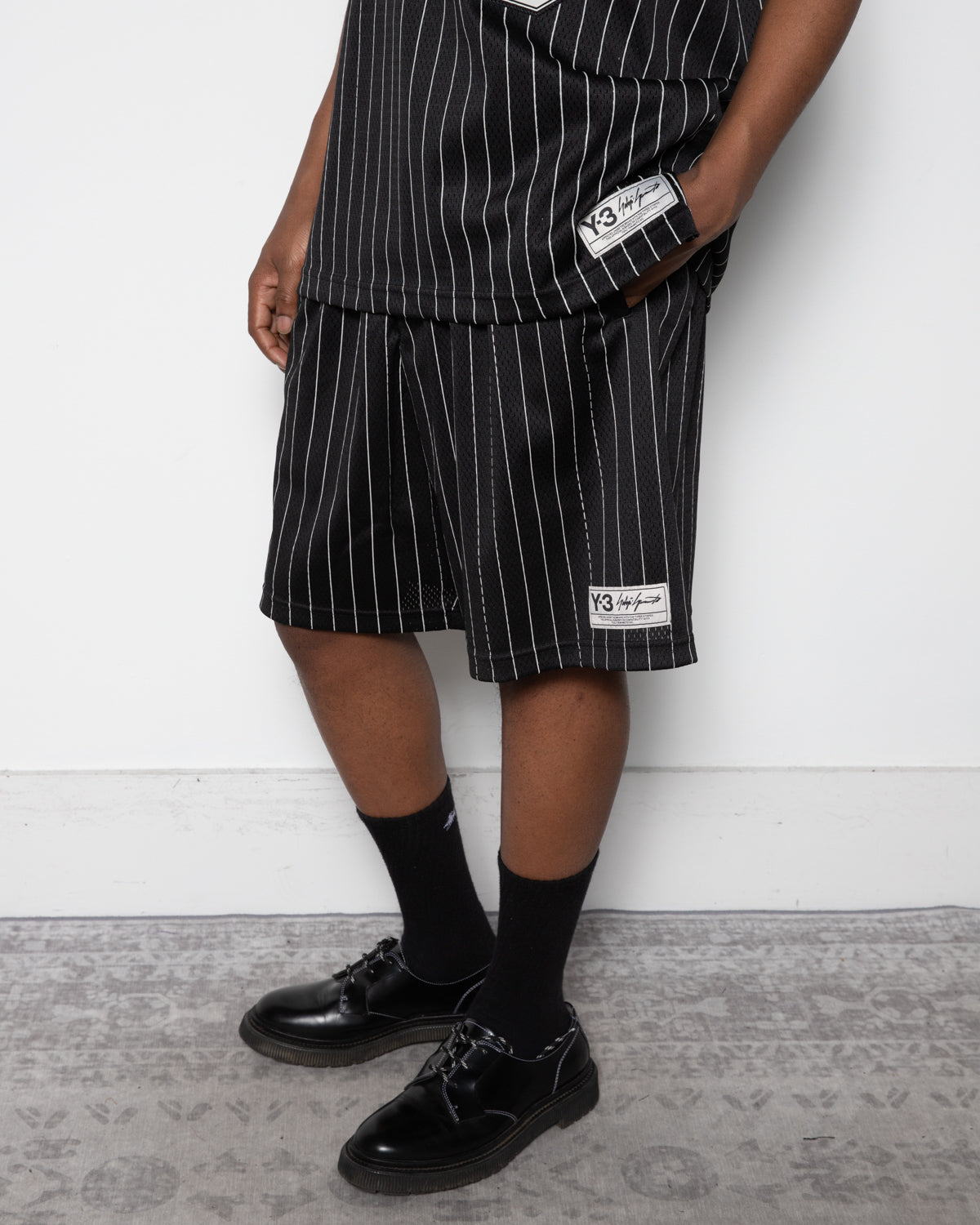 Y-3 Mesh Pinstripe Shorts in Black