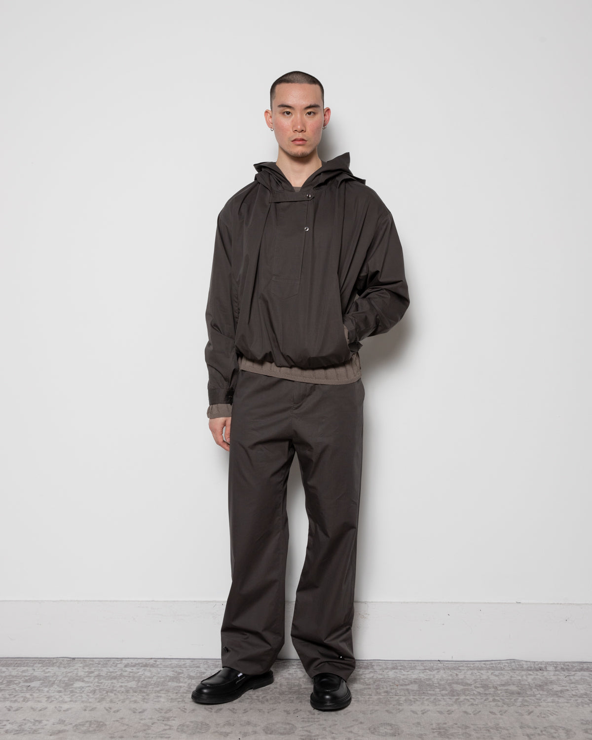 Stagger Double Layer Hooded Shirt in Charcoal Grey