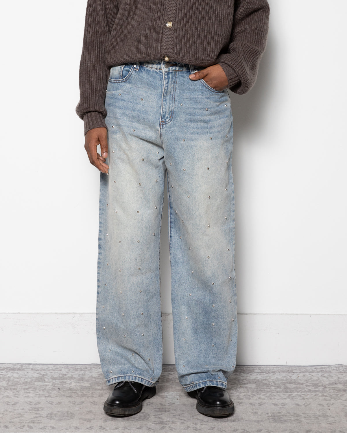 パンツ Studded Baggy Denim Pants Blue / M Basketcase Lax Baggy Studded Denim Pants in Washed Blue | RODEN GRAY