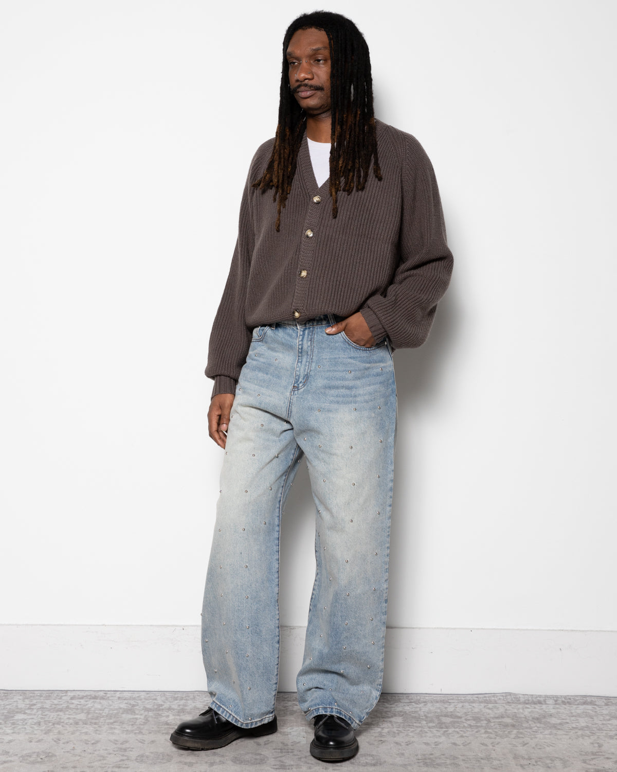 パンツ Studded Baggy Denim Pants Blue / M Basketcase Lax Baggy Studded Denim Pants in Washed Blue | RODEN GRAY