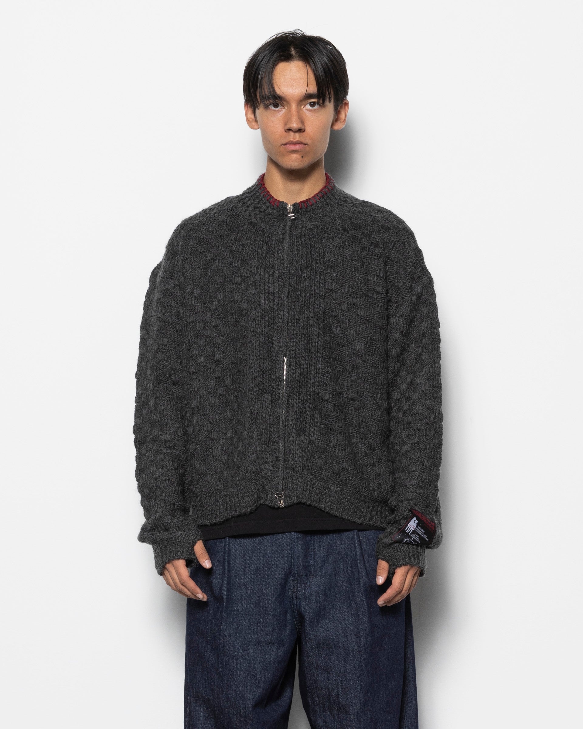 Chex Pattern Knitted Zip Up Jacket in Grey