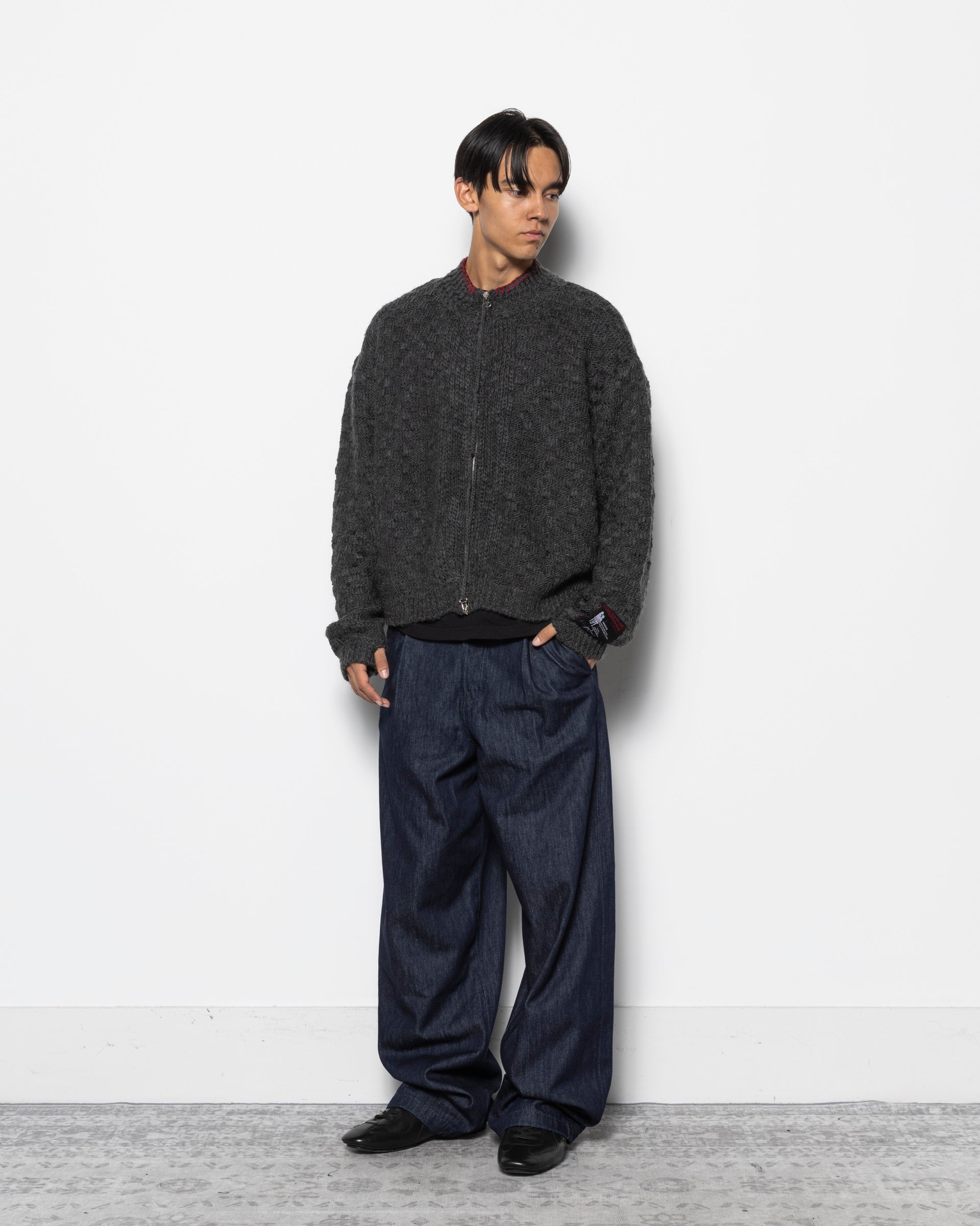 Chex Pattern Knitted Zip Up Jacket in Grey