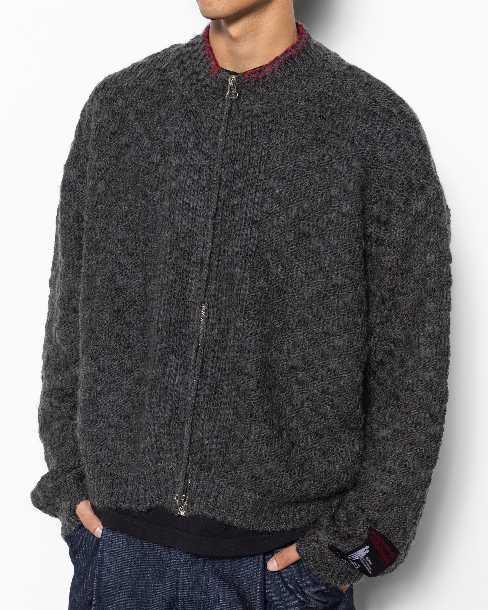 Chex Pattern Knitted Zip Up Jacket in Grey
