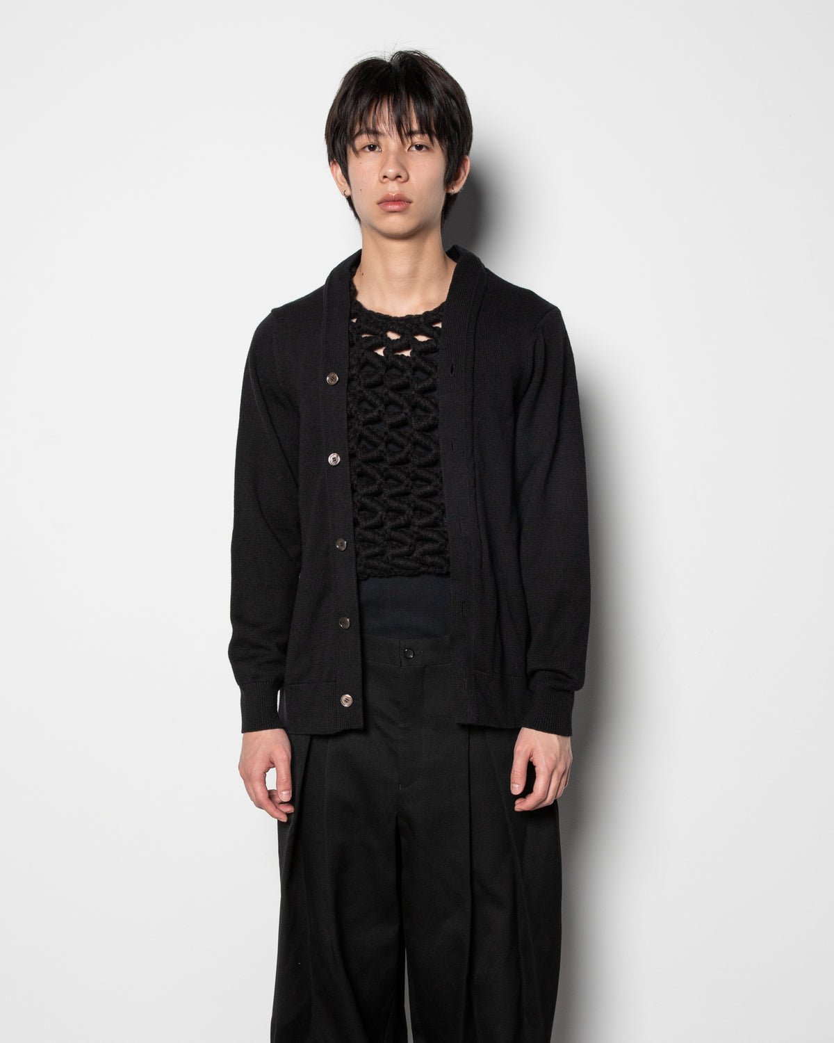Layered Crochet Wool Cardigan Black