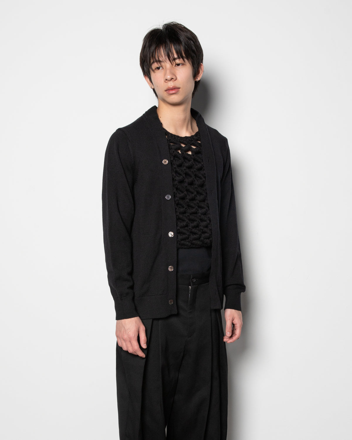 Layered Crochet Wool Cardigan Black