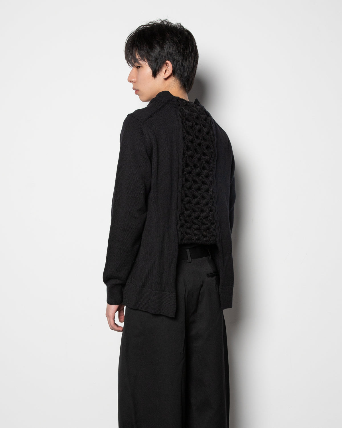 Layered Crochet Wool Cardigan Black