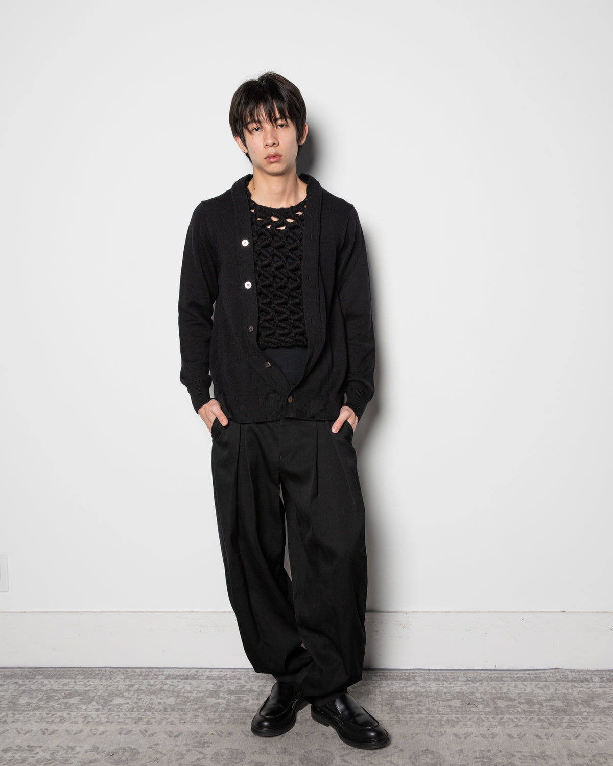 Layered Crochet Wool Cardigan Black