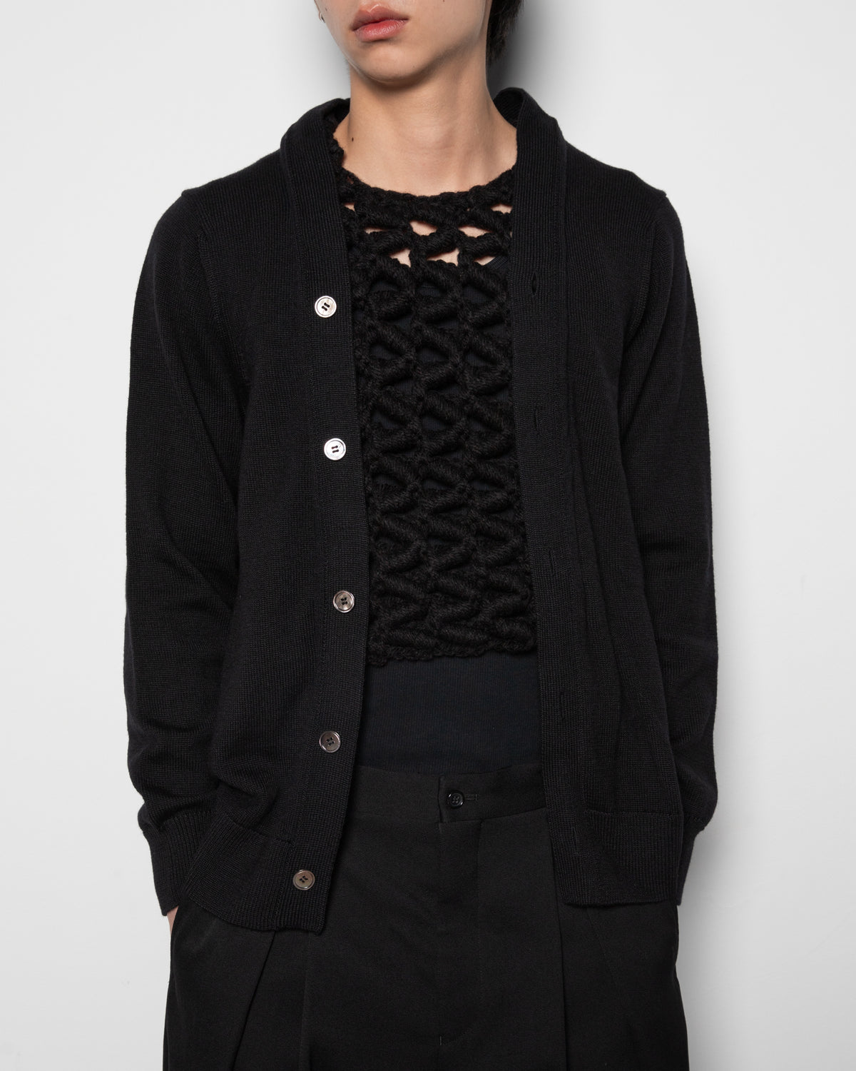 Layered Crochet Wool Cardigan Black