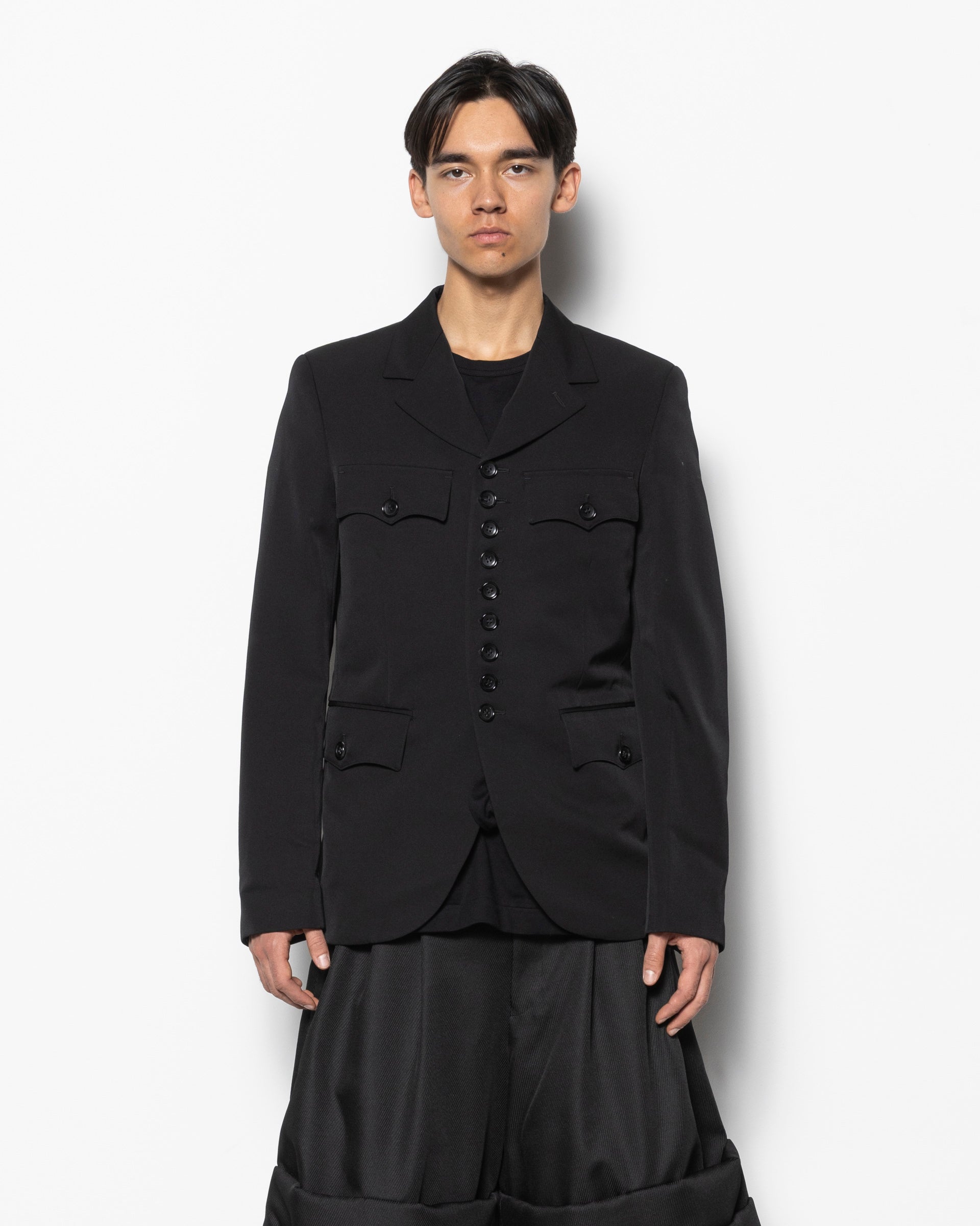 Wool Gabardine Button Up Jacket in Black