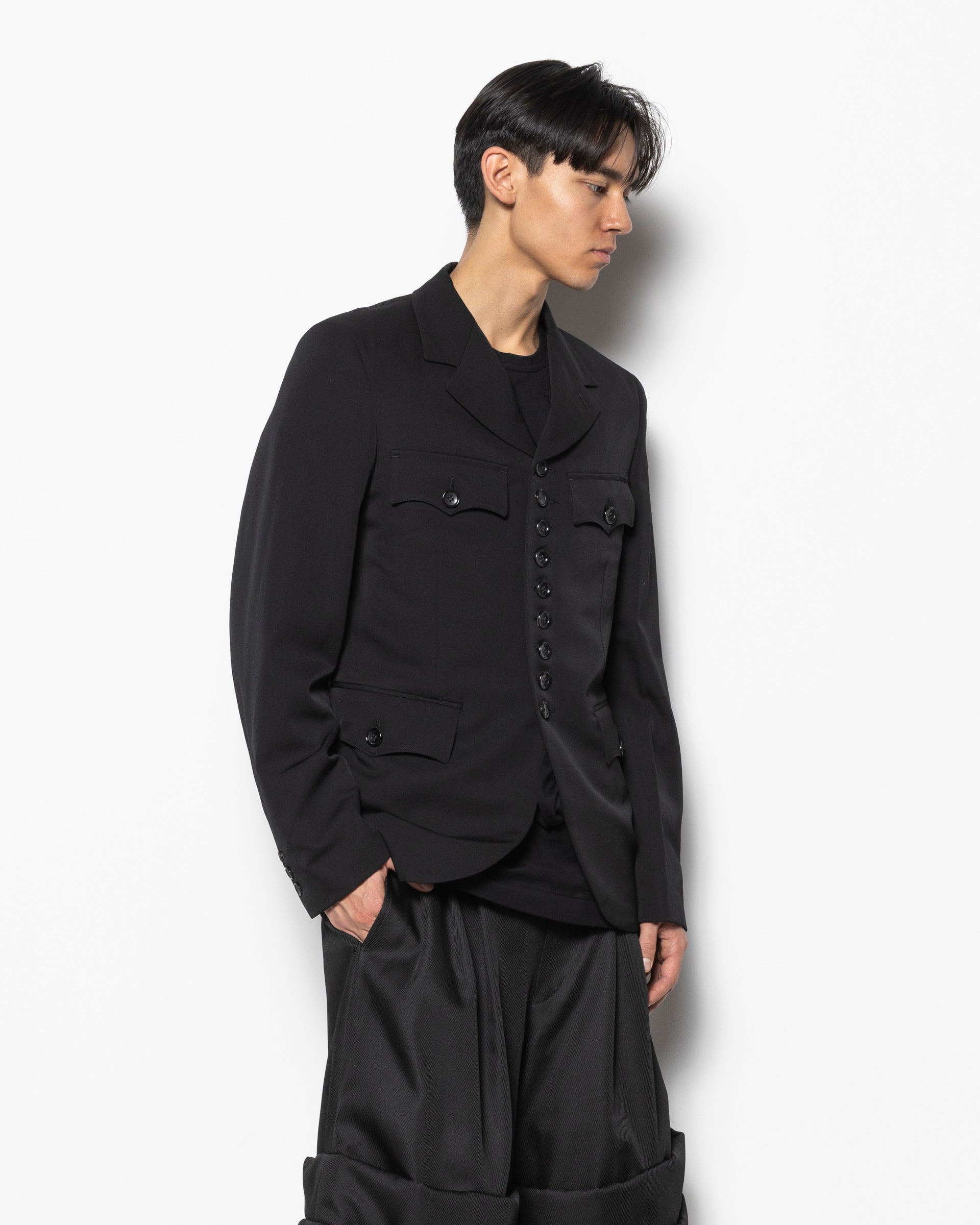 Wool Gabardine Button Up Jacket in Black