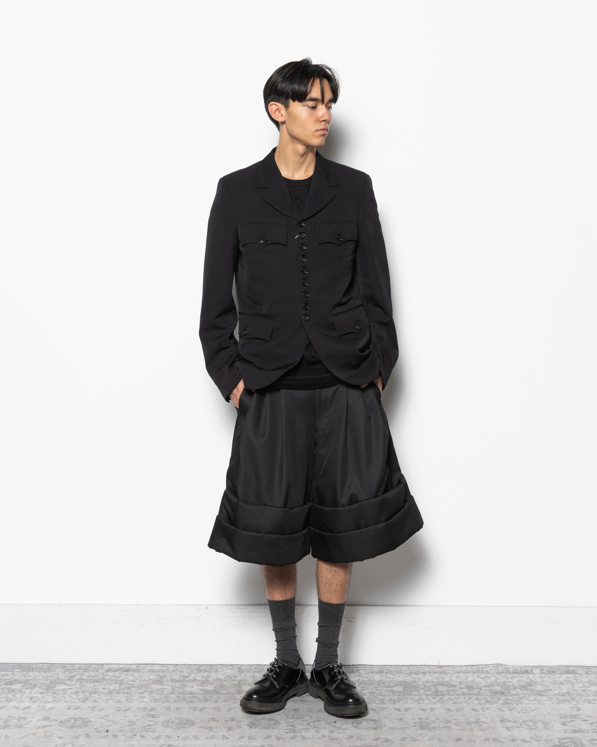 Wool Gabardine Button Up Jacket in Black