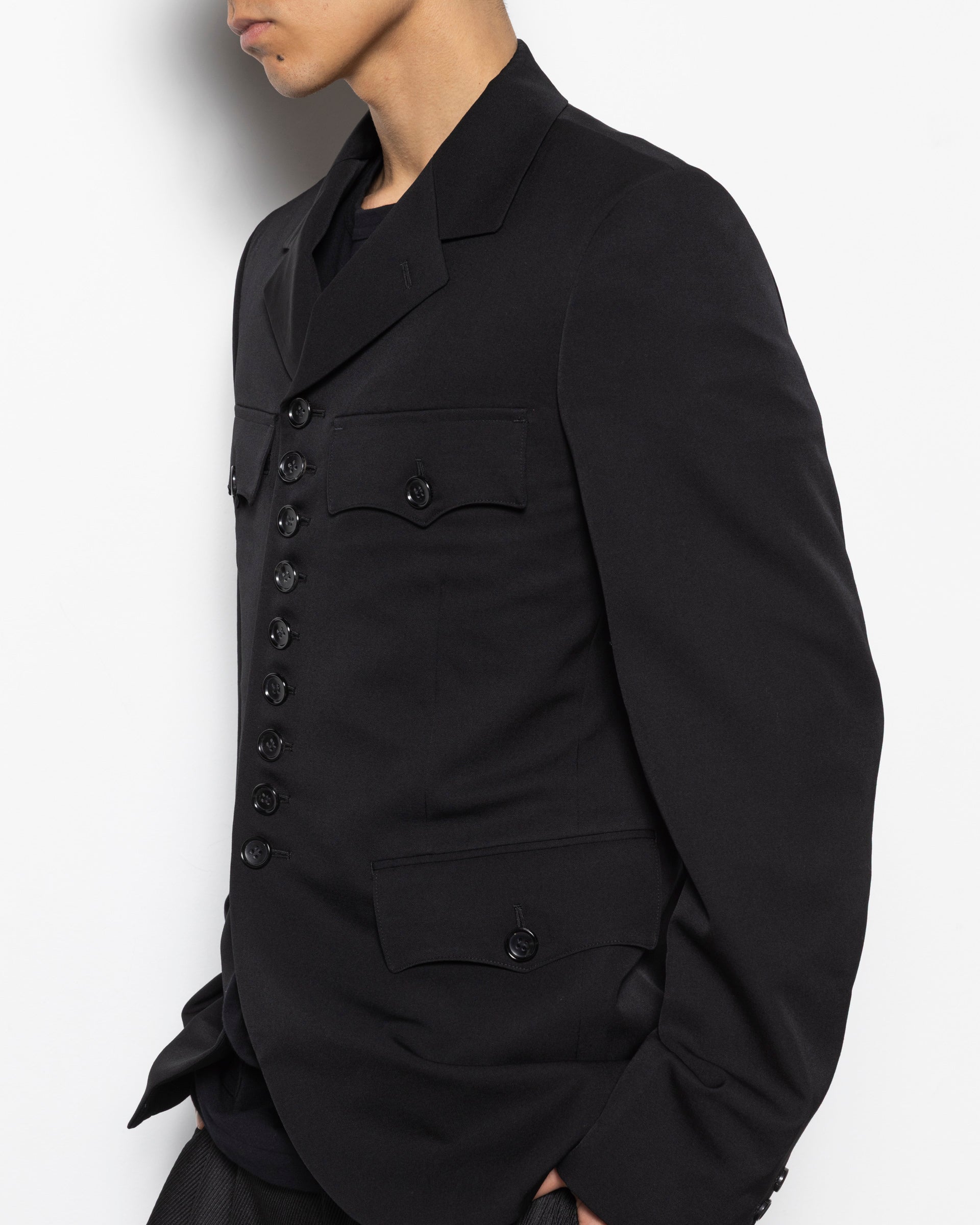 Wool Gabardine Button Up Jacket in Black